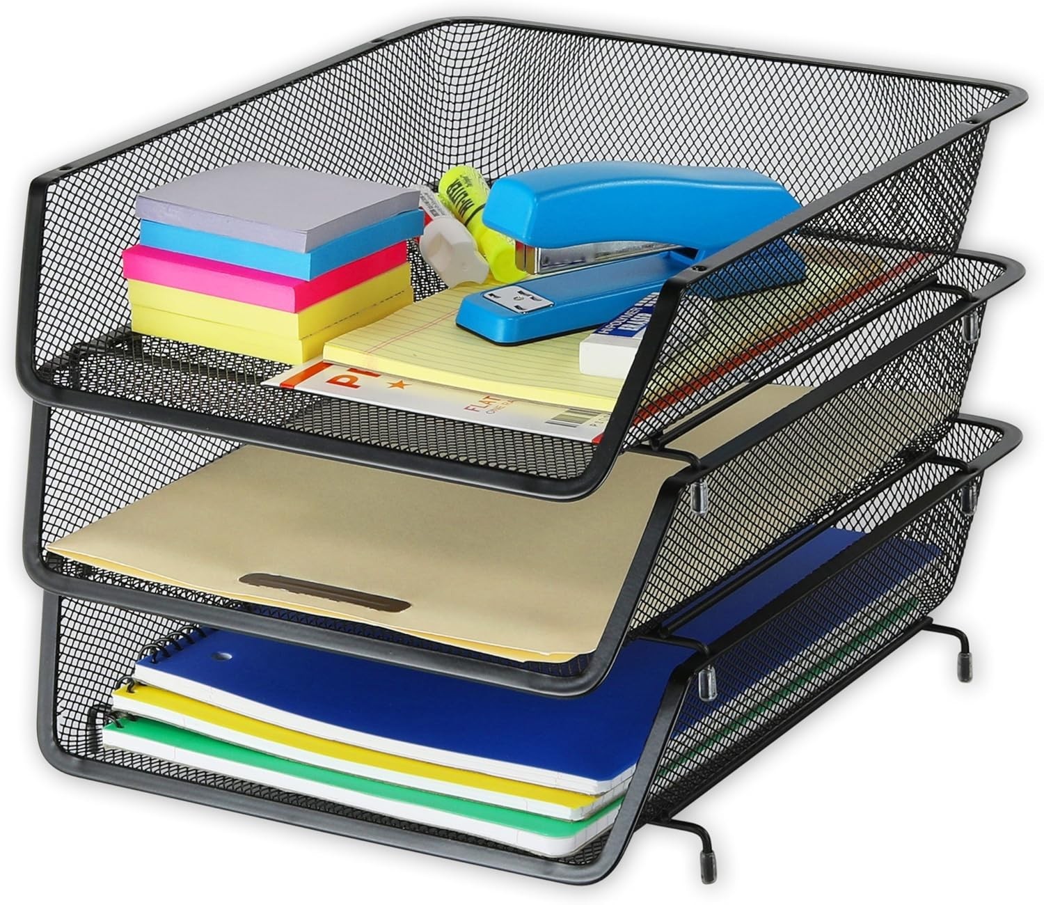 Letter Tray Organizer Stackable Steel Mesh 3 Pack Black Desk File Storage