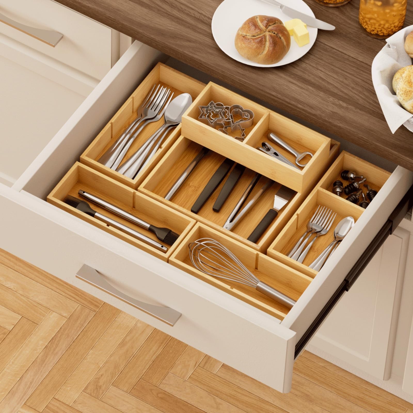Lifewit Drawer Organizers 5 Pack(11 Grid) with 6 Inserts, Adjustable natural
