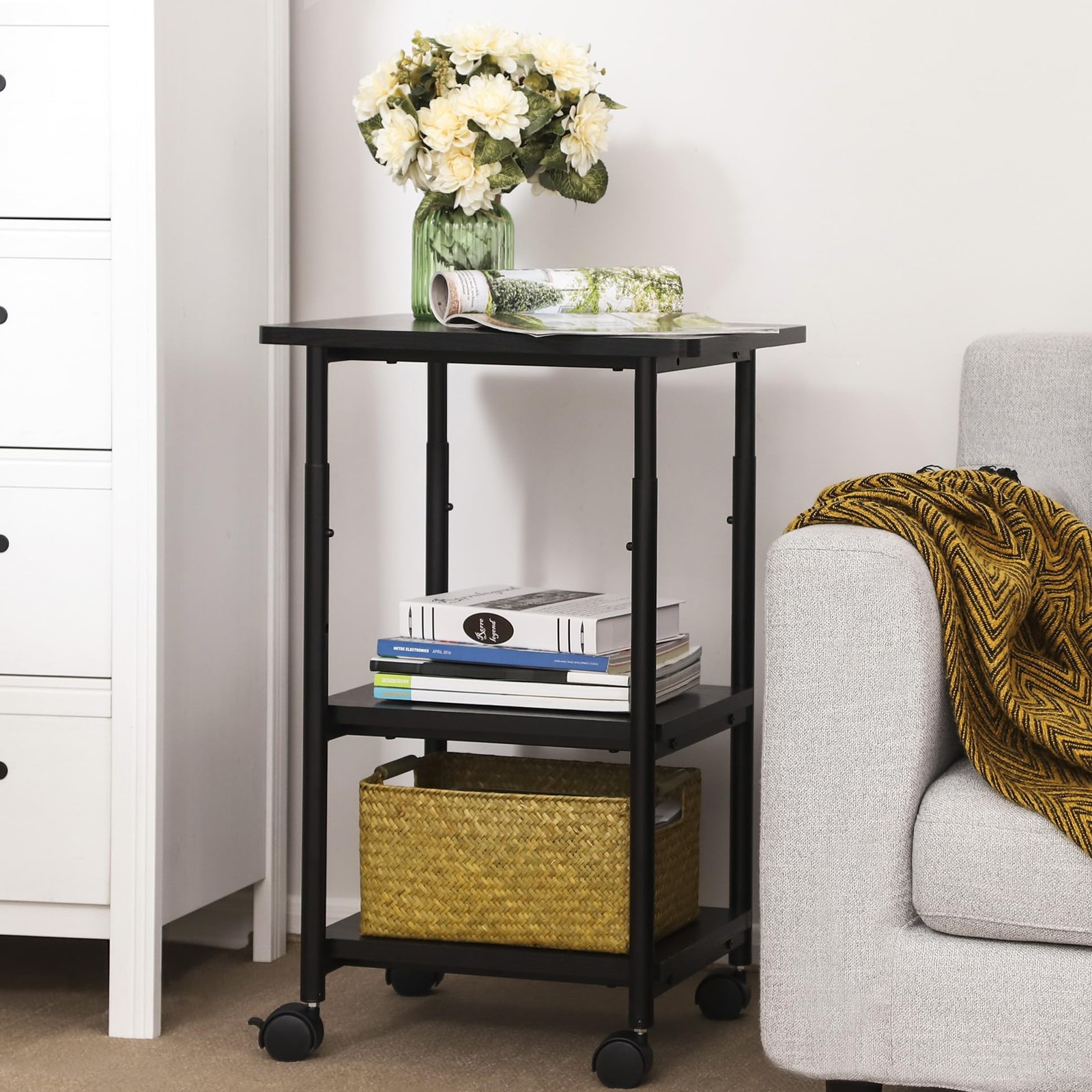 VASAGLE Heavy-Duty Printer Stand with Locking Wheels, 3-Tier, Ebony Black