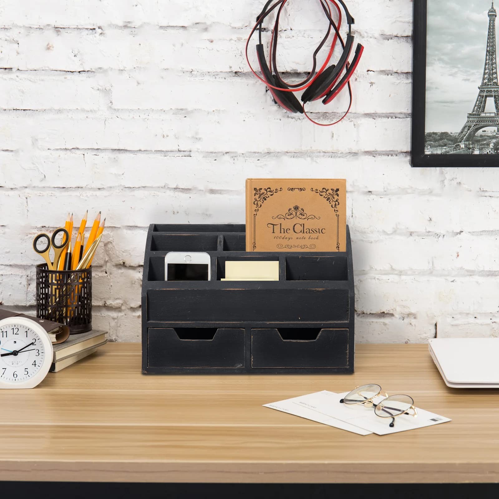 Mail Organizer 14.6×5.9×10.2″ Rustic Gray Black Wall Mount with Drawers – Desk