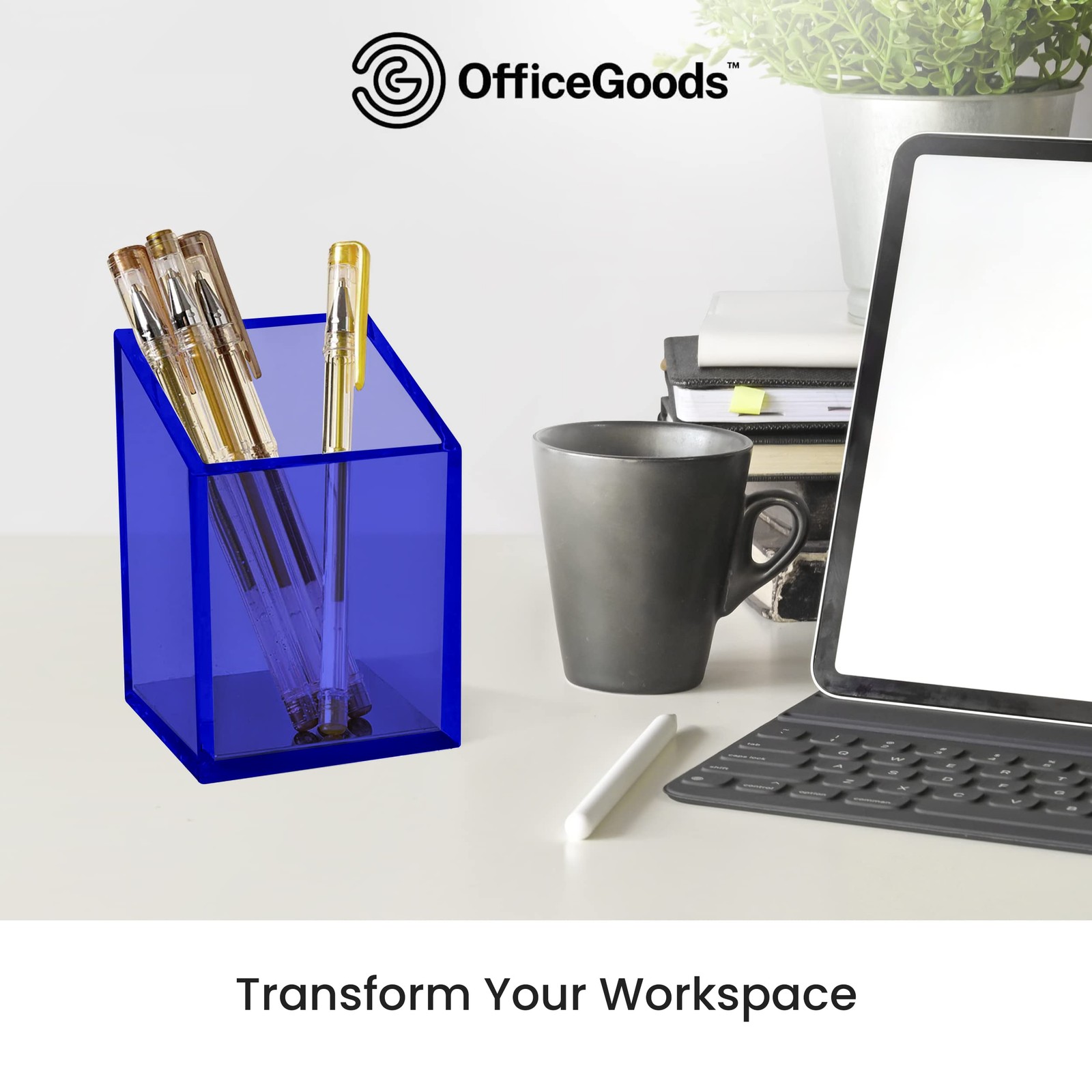 OfficeGoods Acrylic Pen & Pencil Holder – Modern Trapezoid Design – Blue