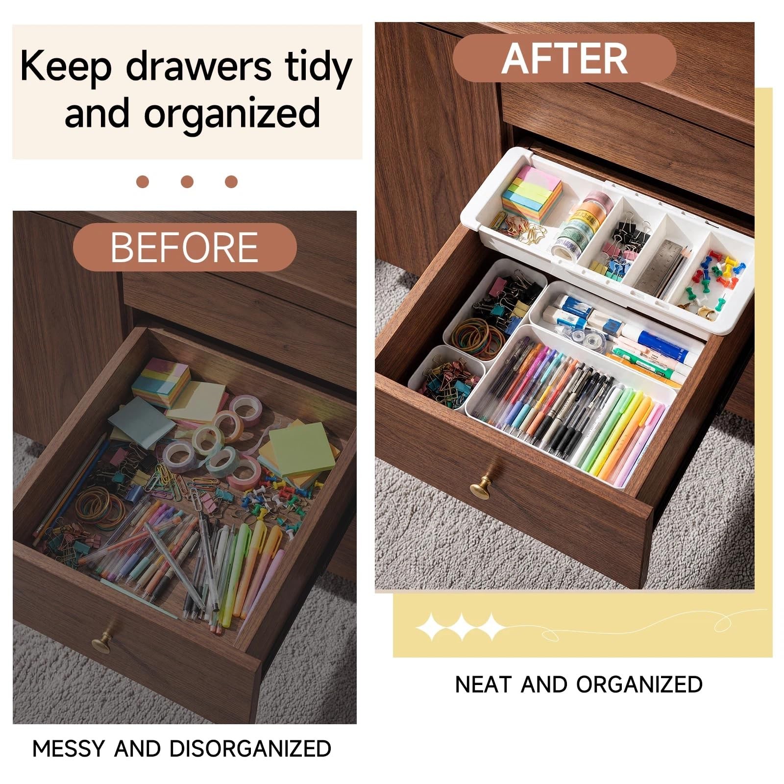27 Pcs Deep Drawer Organizer Bulk, 2 Expandable Hanging Trays with Plastic Dr…