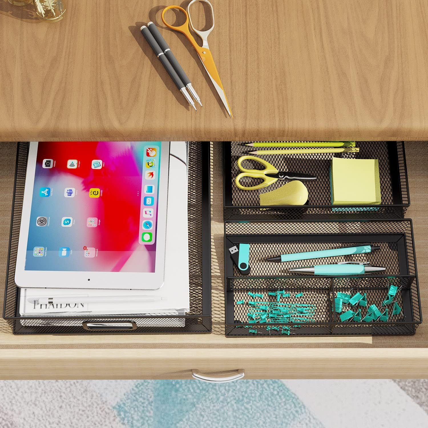 Desk Drawer Organizer Set, 3 Pcs Metal Mesh Office Drawer Organizers, Paper Orga