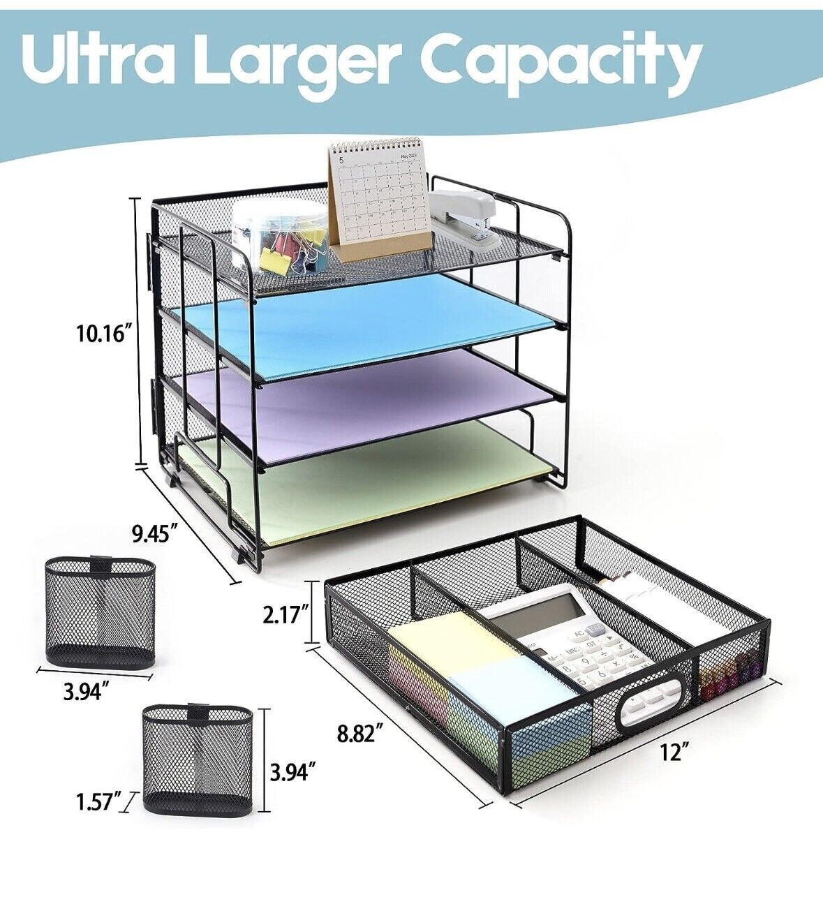 4 Tier Desktop Organizer w Two Pen Holders and Drawer, Office Organization