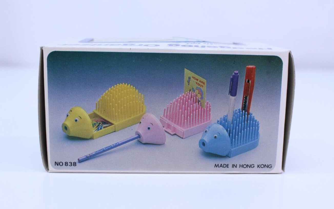 VTG Hedgehog Organizer Desk Pal Storage Pen Holder Pencil Sharpener New NOS BLUE