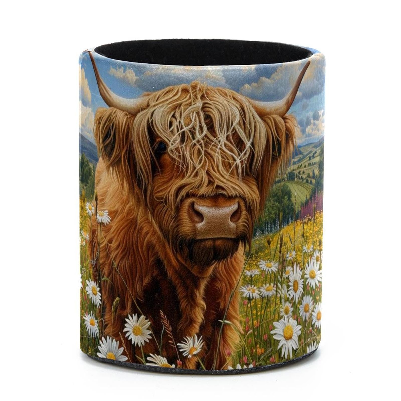 Large Capacity Colored Pen Holder for Desk,Highland Cow Daisies Leathe Pencil…
