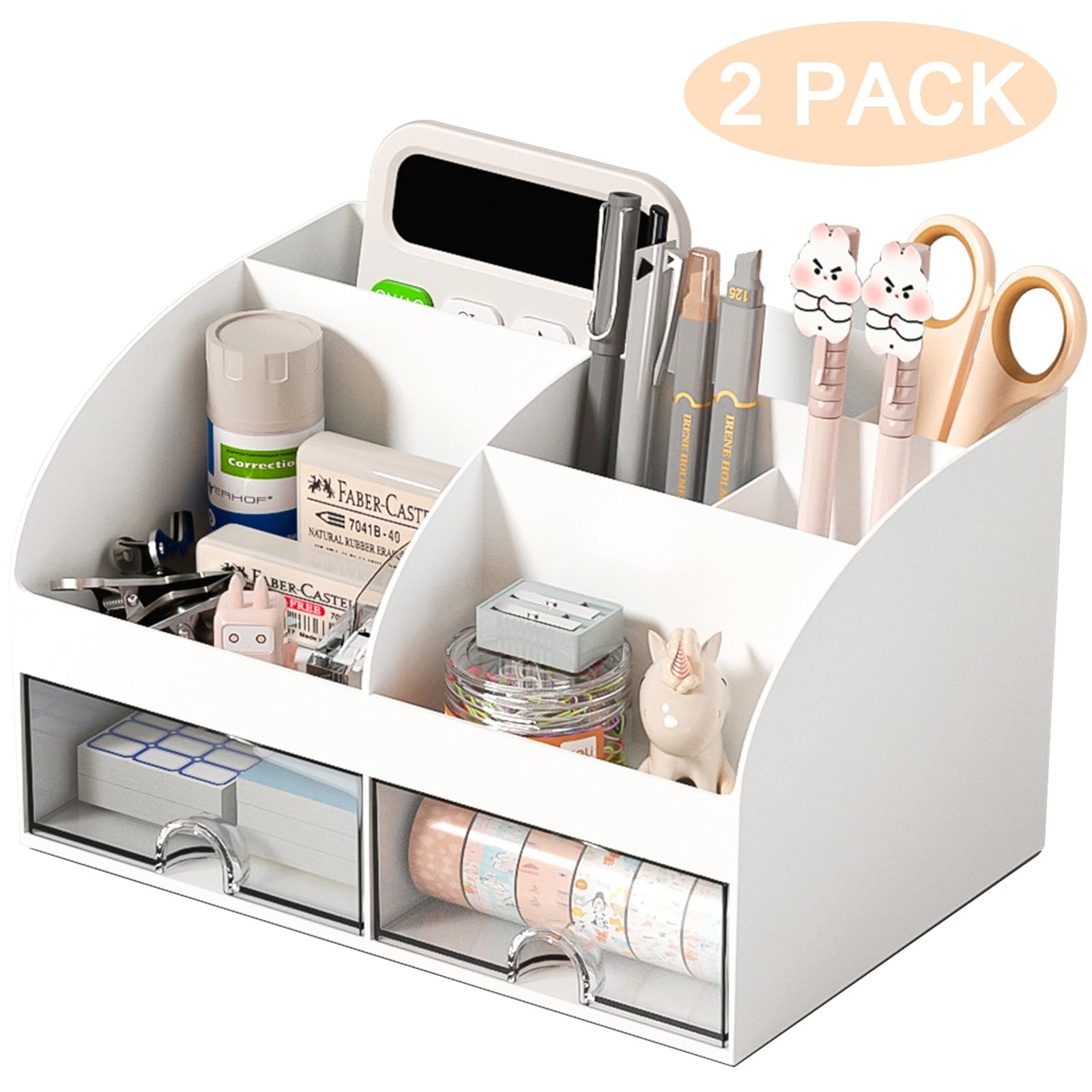 COMFYROOM Desk Organizer, 6 Compartments, 2 Drawers, White, 2~Pack