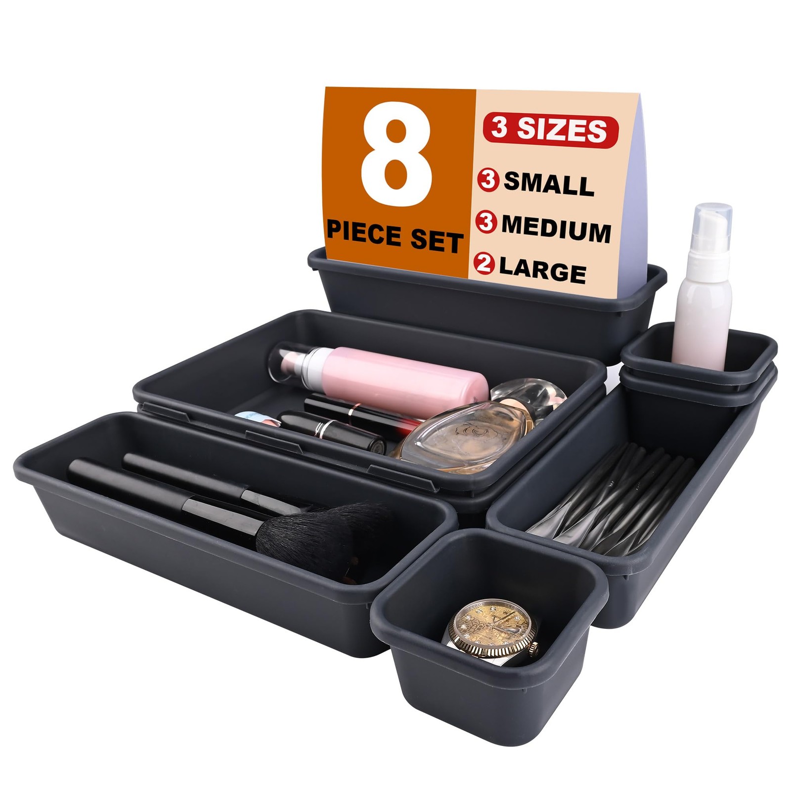 QUELIEN Desk Drawer Organizer Tray Set, 8PCS Plastic 8PCS, Gray Blue