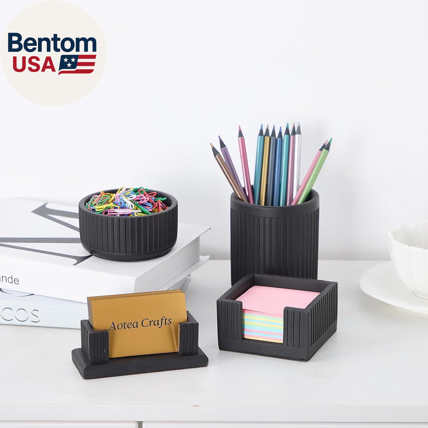 Set of 4 – Concrete Desk Accessories for Modern, Industrial, Minimalist Office D