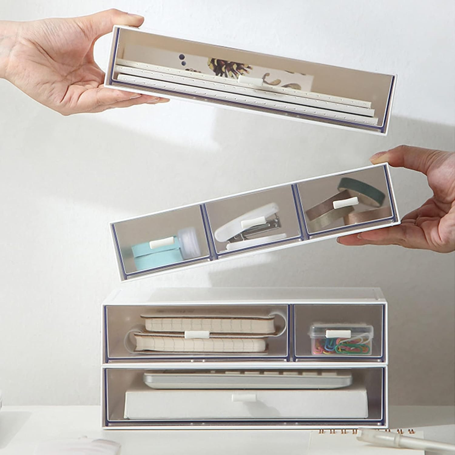 Desk Organizer with Drawers Stackable Storage Drawers, Plastic Compact Desk Stor