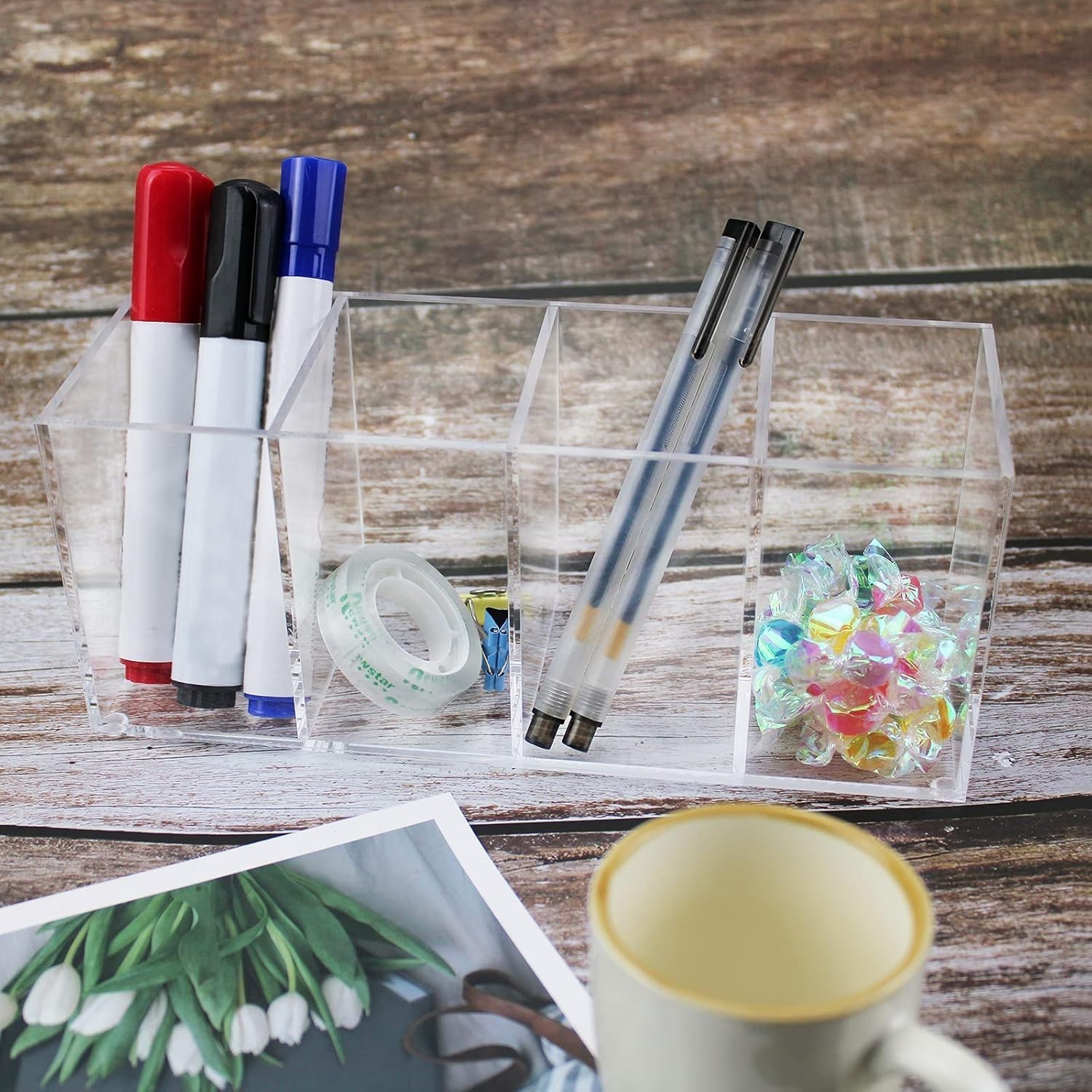 Extra Large Acrylic Pen Holder 4 Compartments,Clear Pen Holder Organizer Makeup