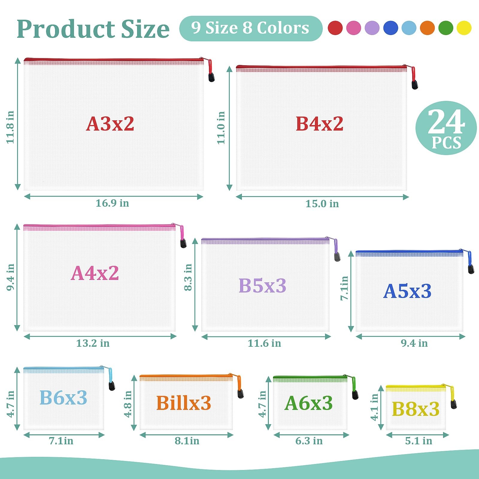 24 PCS Mesh Waterproof Pouch Bags 9 Sizes Clear Organizer Zipper 8 Colors Toy