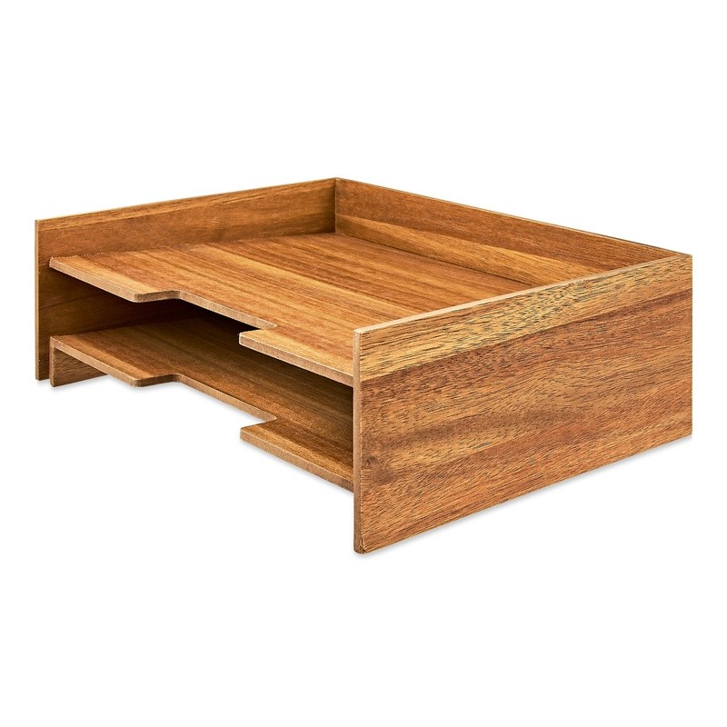Wooden Paper Tray Stackable Organizer 2 Tier Acacia Desktop File Holder New