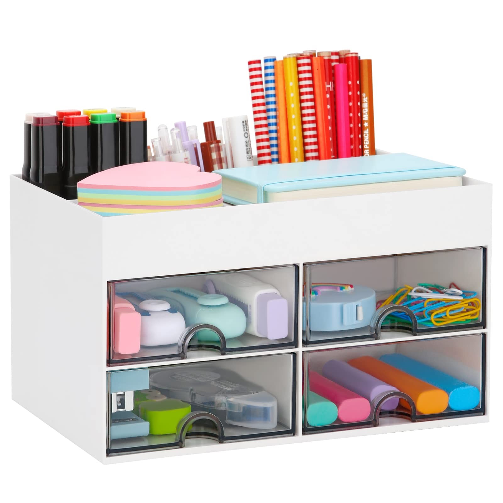 Office Desk Organizer With Drawer, Paperclip Sticky Note Holder, White