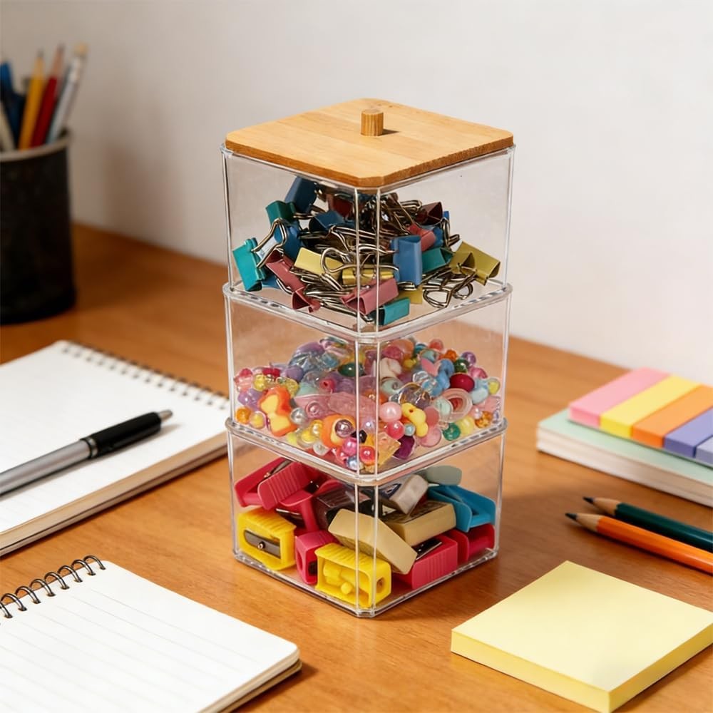 Clear Paper Clip Organizer with Bamboo Lid 3 Layer Desk Storage Holder