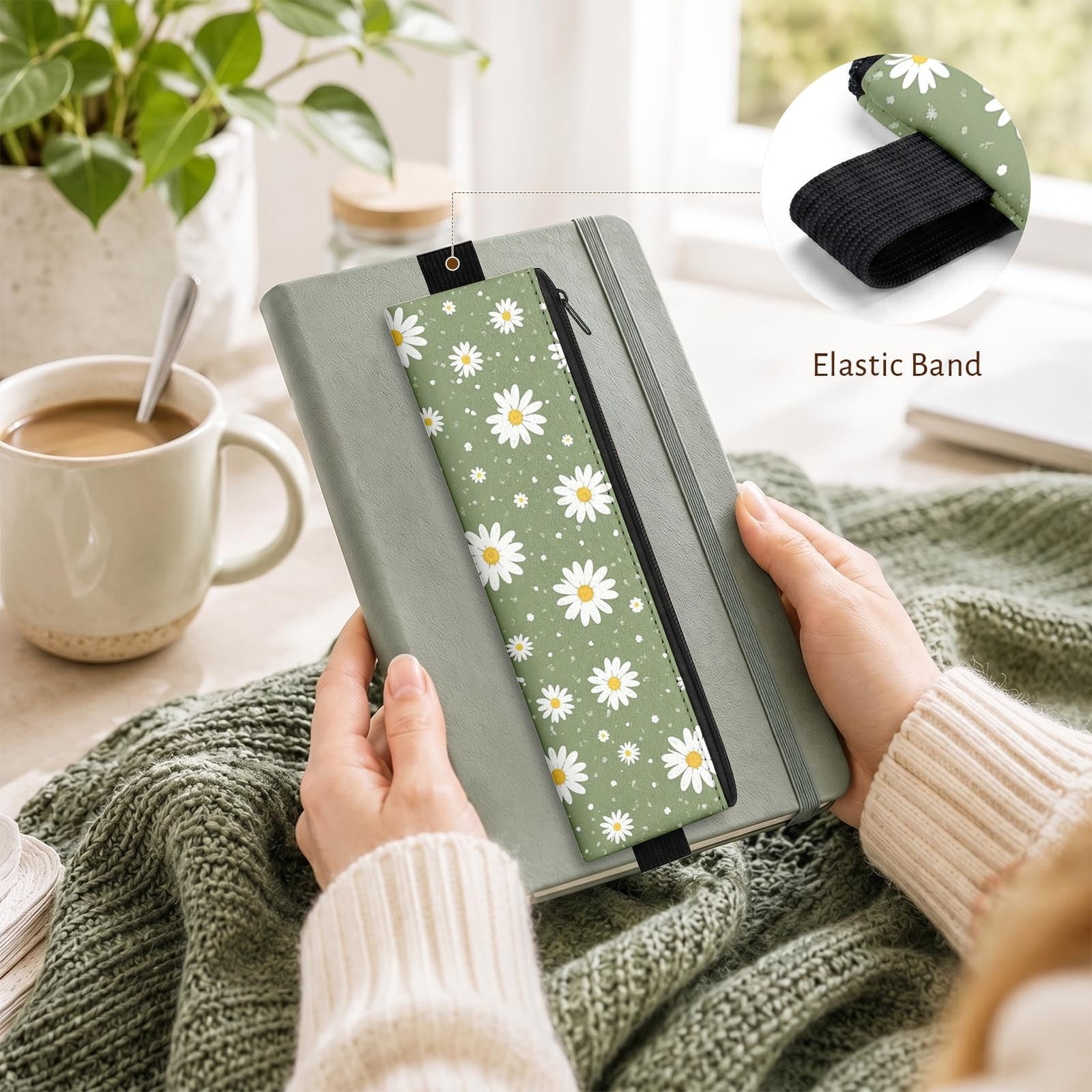 12 Pack Elastic Pen Holder for Notebook, Daisy Floral Boho, PU Leather Book P…