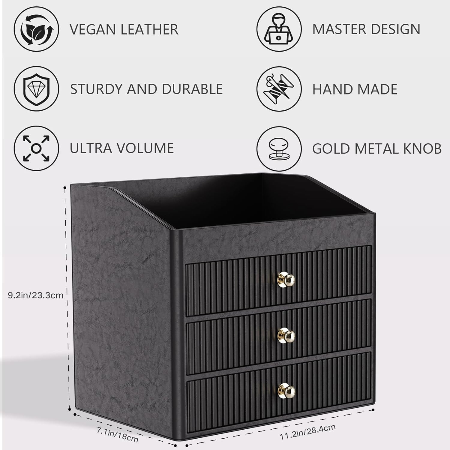 Black Vegan Leather Desk Organizer with 3 Drawers for Makeup & Accessories
