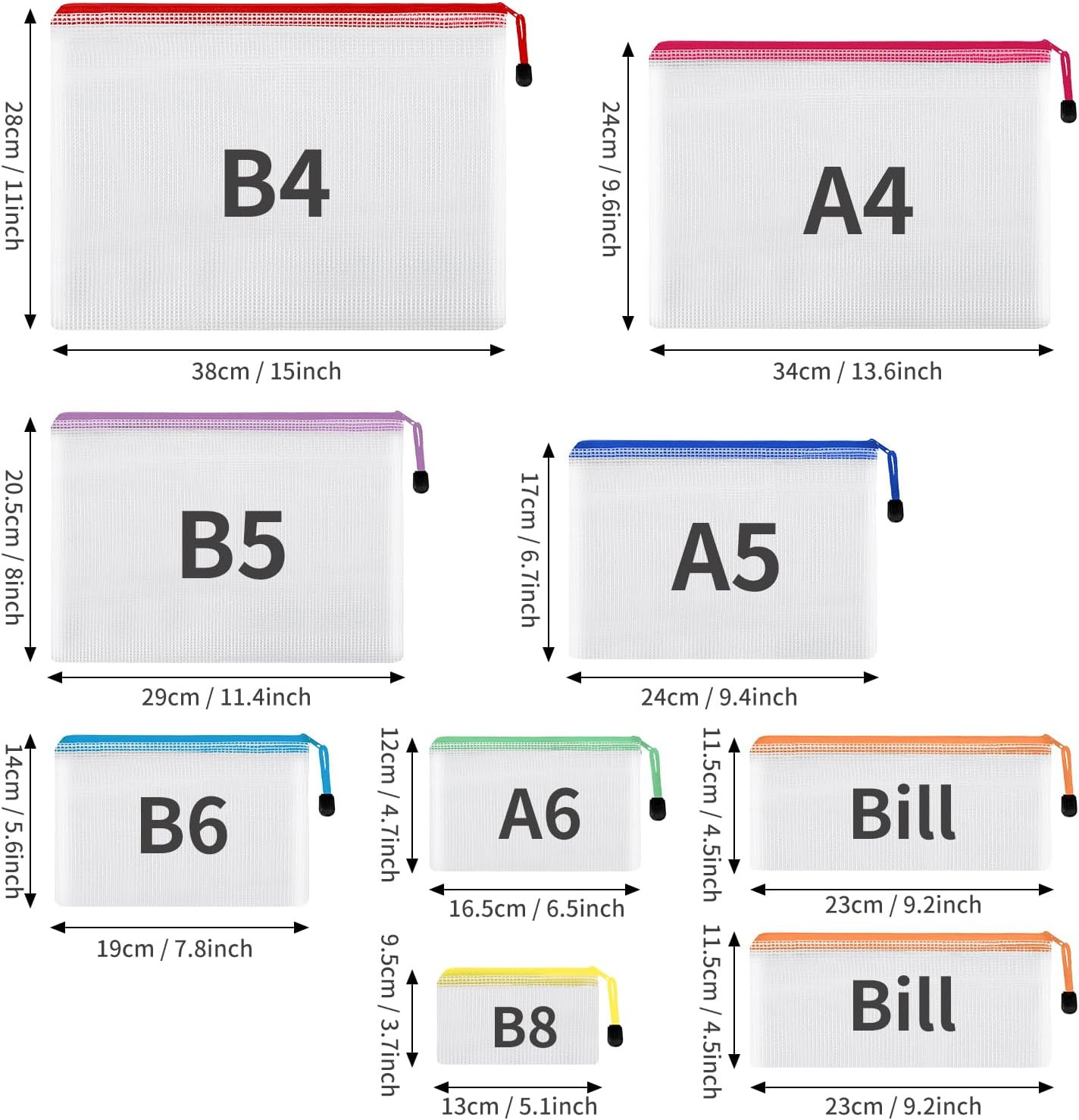 30Pcs Mesh Zipper Pouch Bags, 8 Sizes Plastic Zipper Bags, 8 Colors Waterproof Z