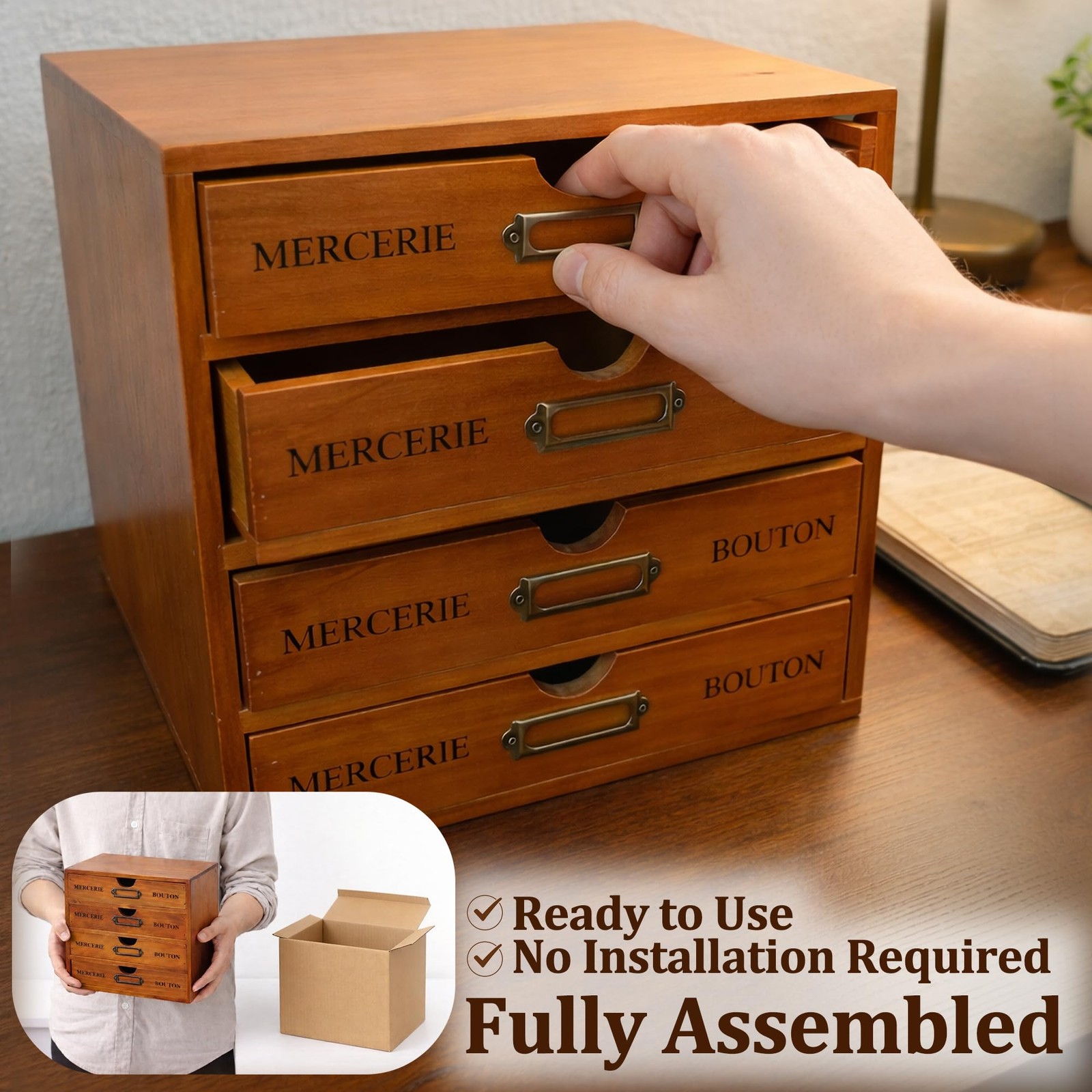 Vintage Wooden Apothecary Cabinet, 4 Drawer Card Catalog Desk Organizer Brown