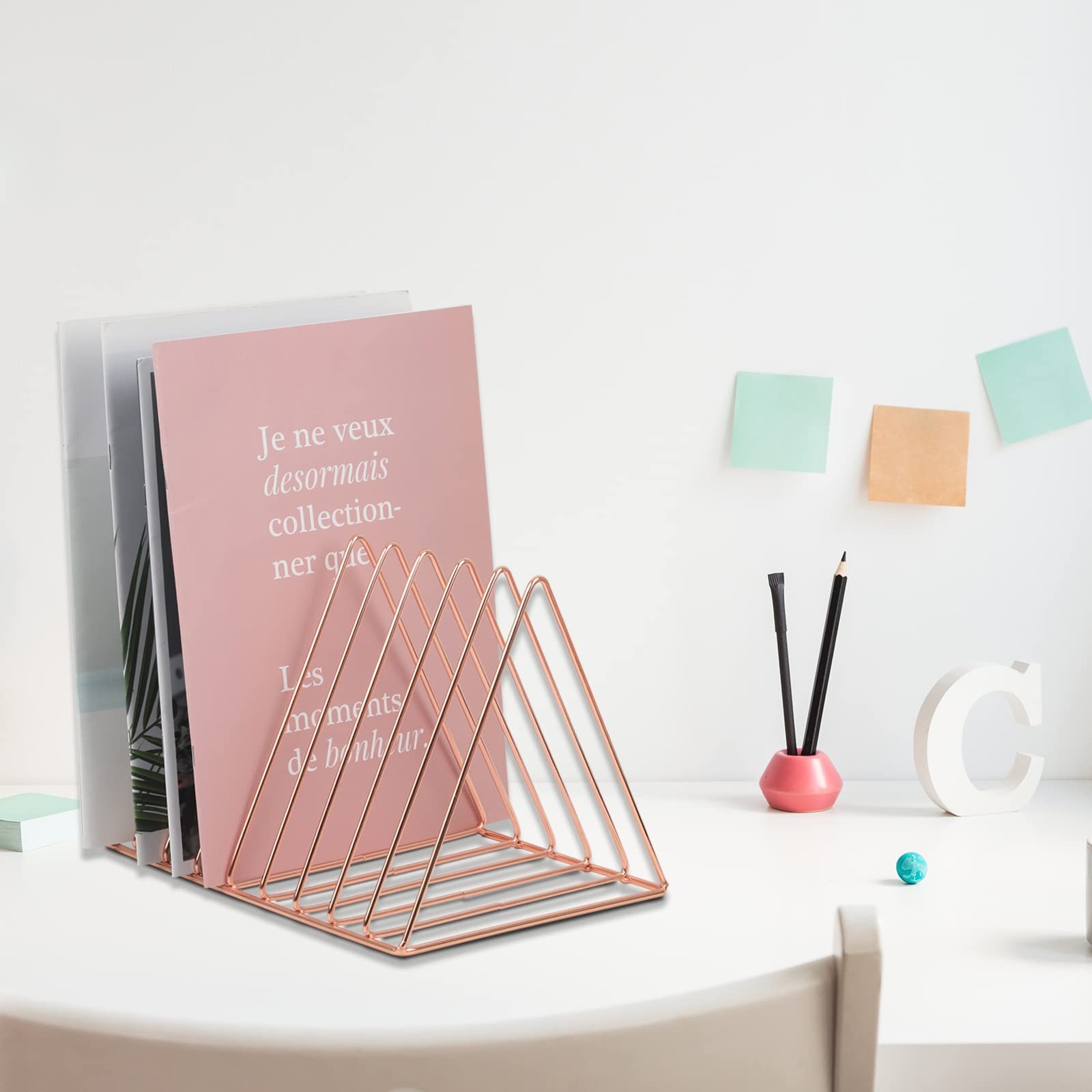 Rose Gold Magazine Holder, Desktop File Sorter Organizer Triangle 9 Slot News…