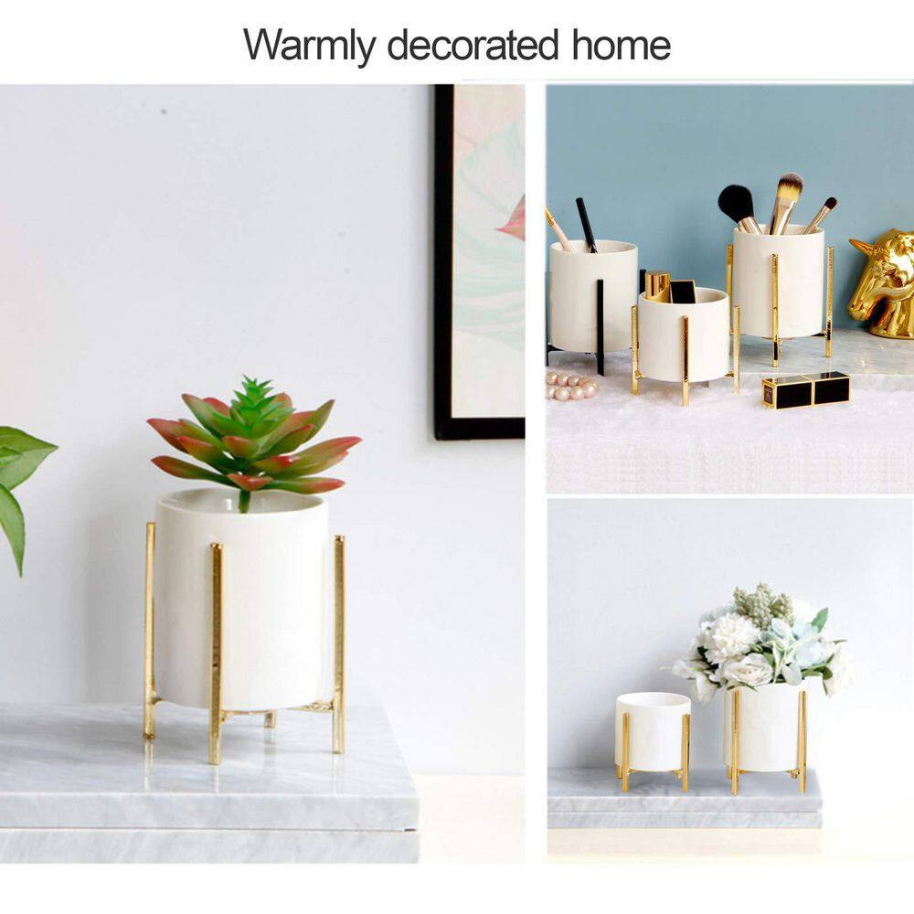 Gold and White Ceramic Pencil Cup with Sturdy Metal Frame, Smooth Marble Finish,