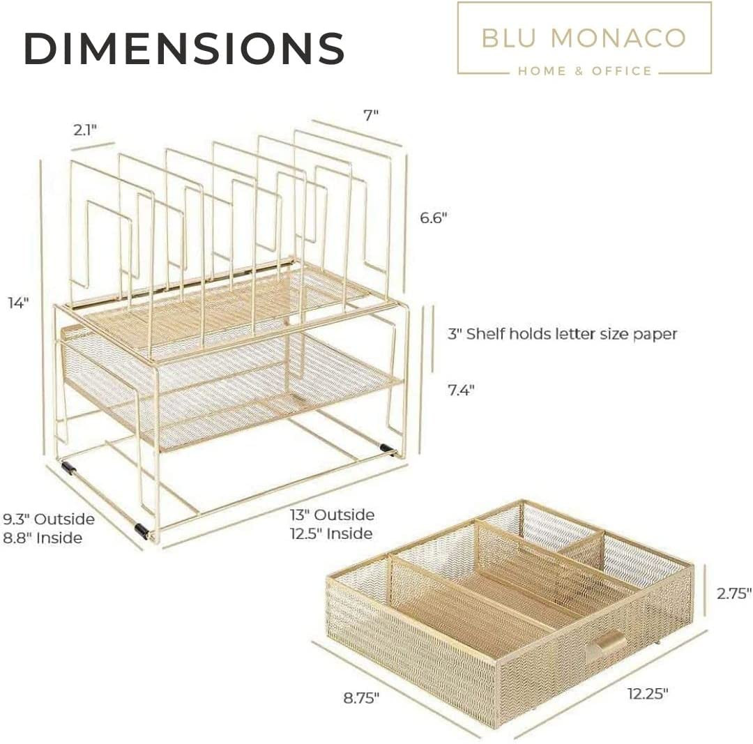 | Gold Desk Organizer with Drawer | Metal Mesh File Holder & Vertical File Organ