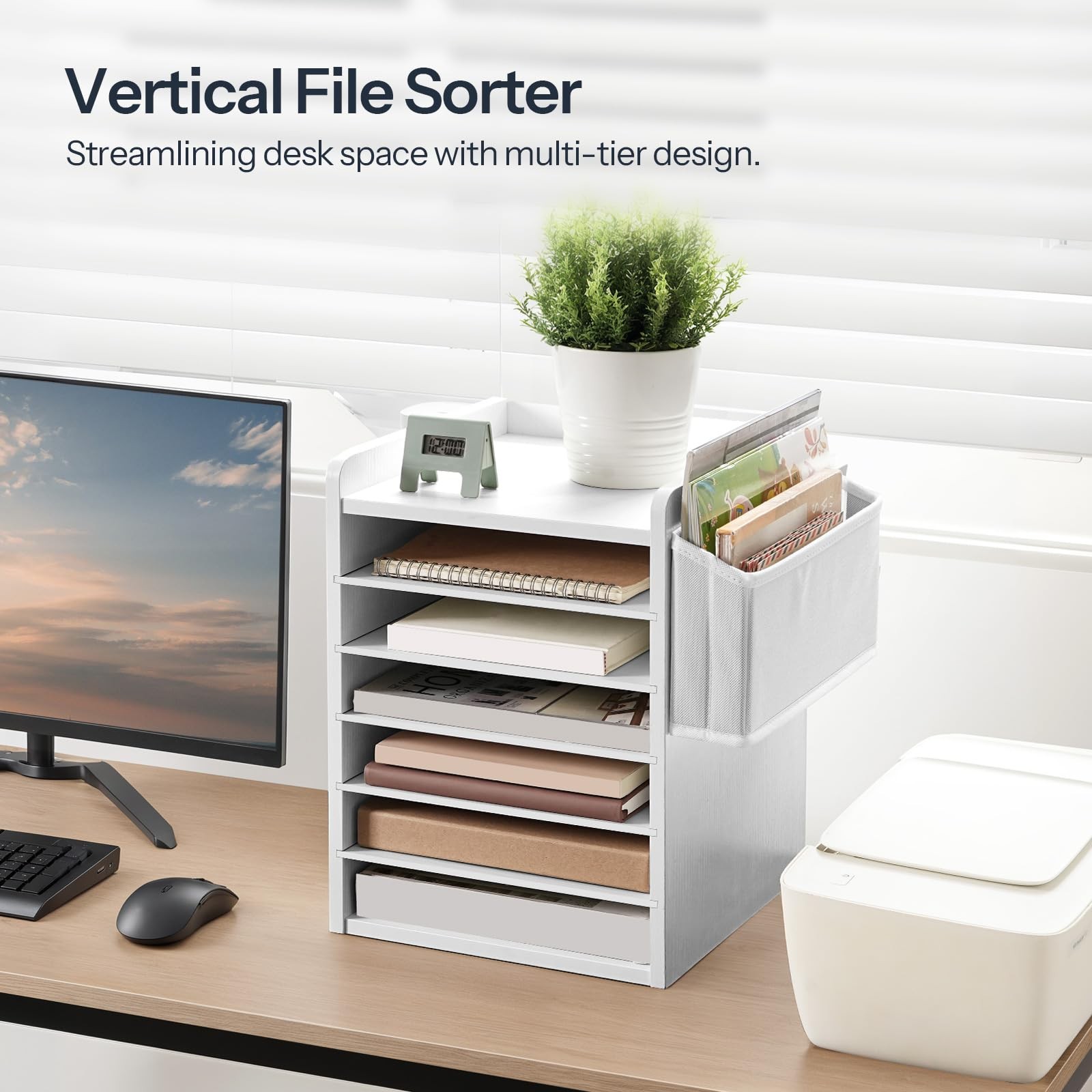 Adjustable Countertop Mail Sorter, 6 Tier Wooden Paper Organizer, Vertical Li…
