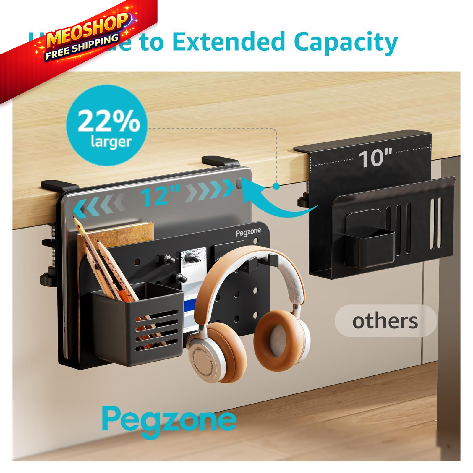 PEGZONE Desk Side Storage Organizer, No Drill 1.8 x 12 x 8.5 inches, Black