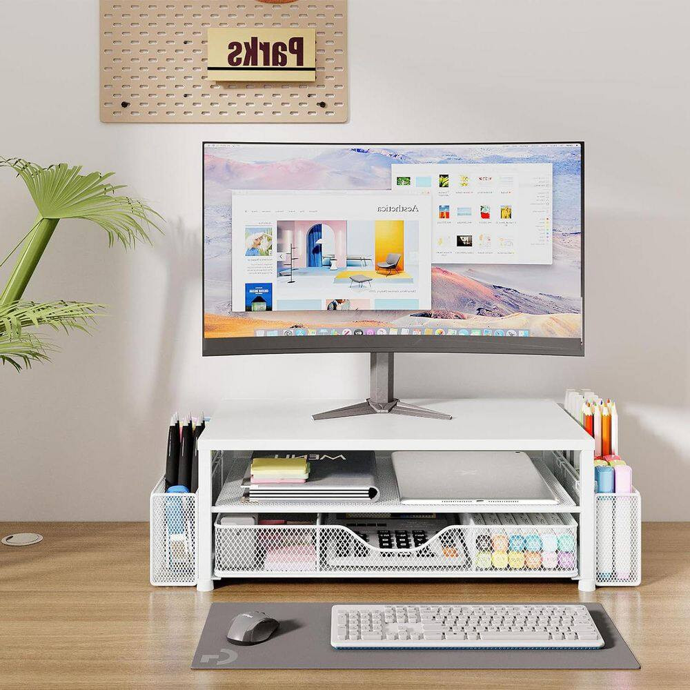 White 15.5 In. X 6.3 In. Metal Modern Desk Organizers with Drawer and 2 Pen Hold