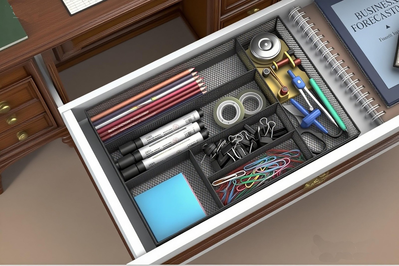 Mesh Desk Drawer Organizer Tray 6 Compartment Black 2 PCS 12.6×8.27×1.57 Inch