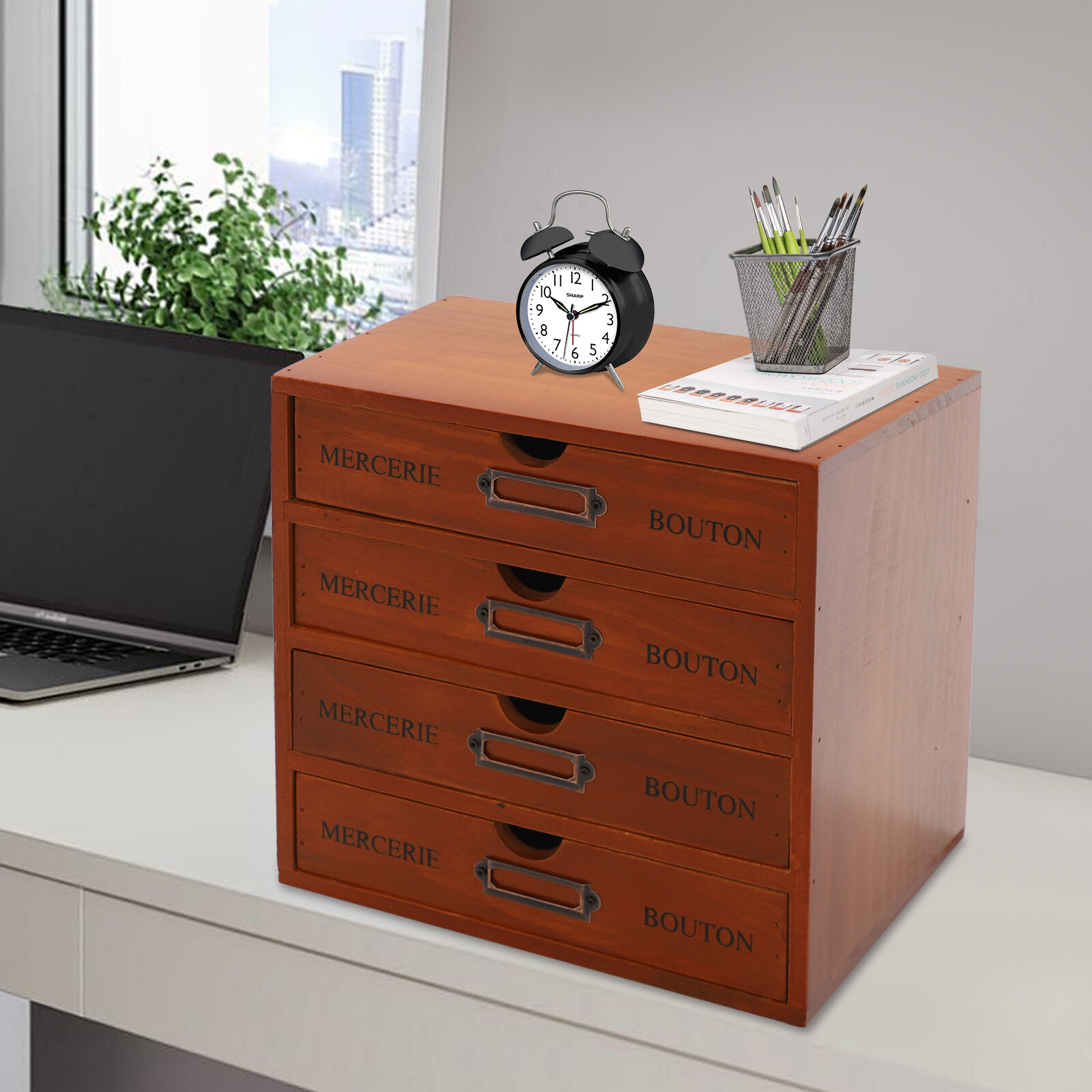 Desk Organizer with 4 Drawers, Vintage Wooden Storage Box Drawer Organizer NEW