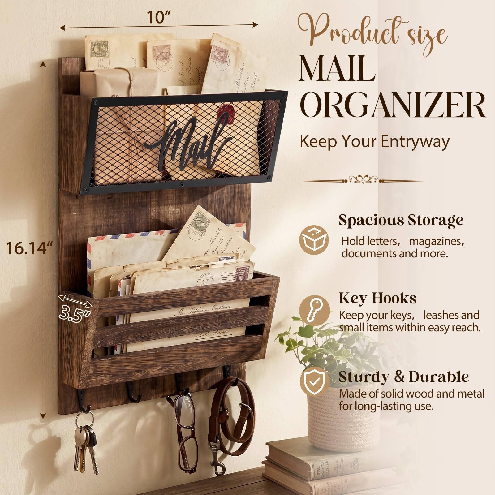 Mail Organizer Wall Mount with Key Hooks, 2-Slot Wood Mail and Key Holder, Ru…