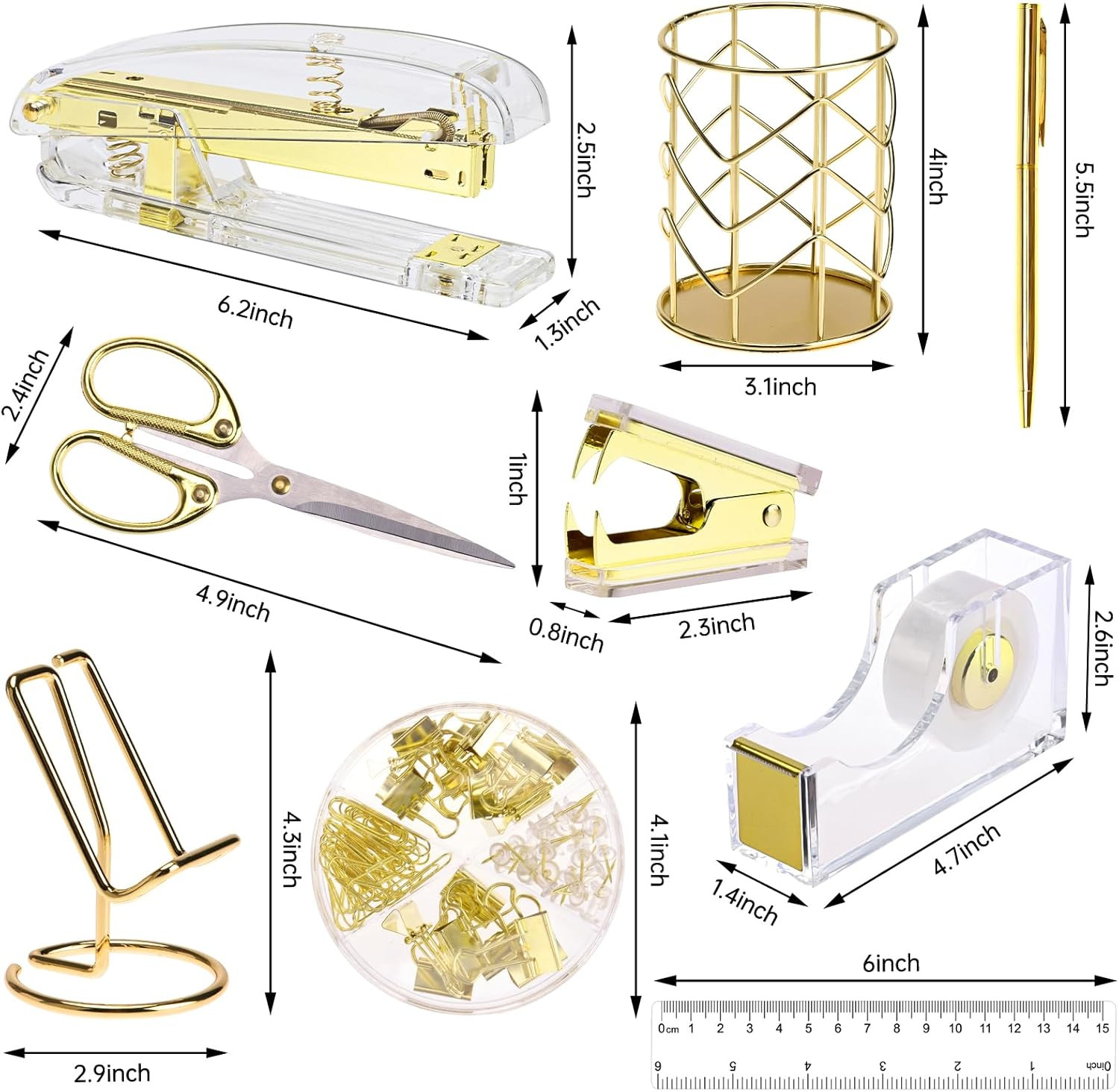 Gold Office Supplies Set Desk Accessories, Acrylic Stapler Set Staple Remover, P