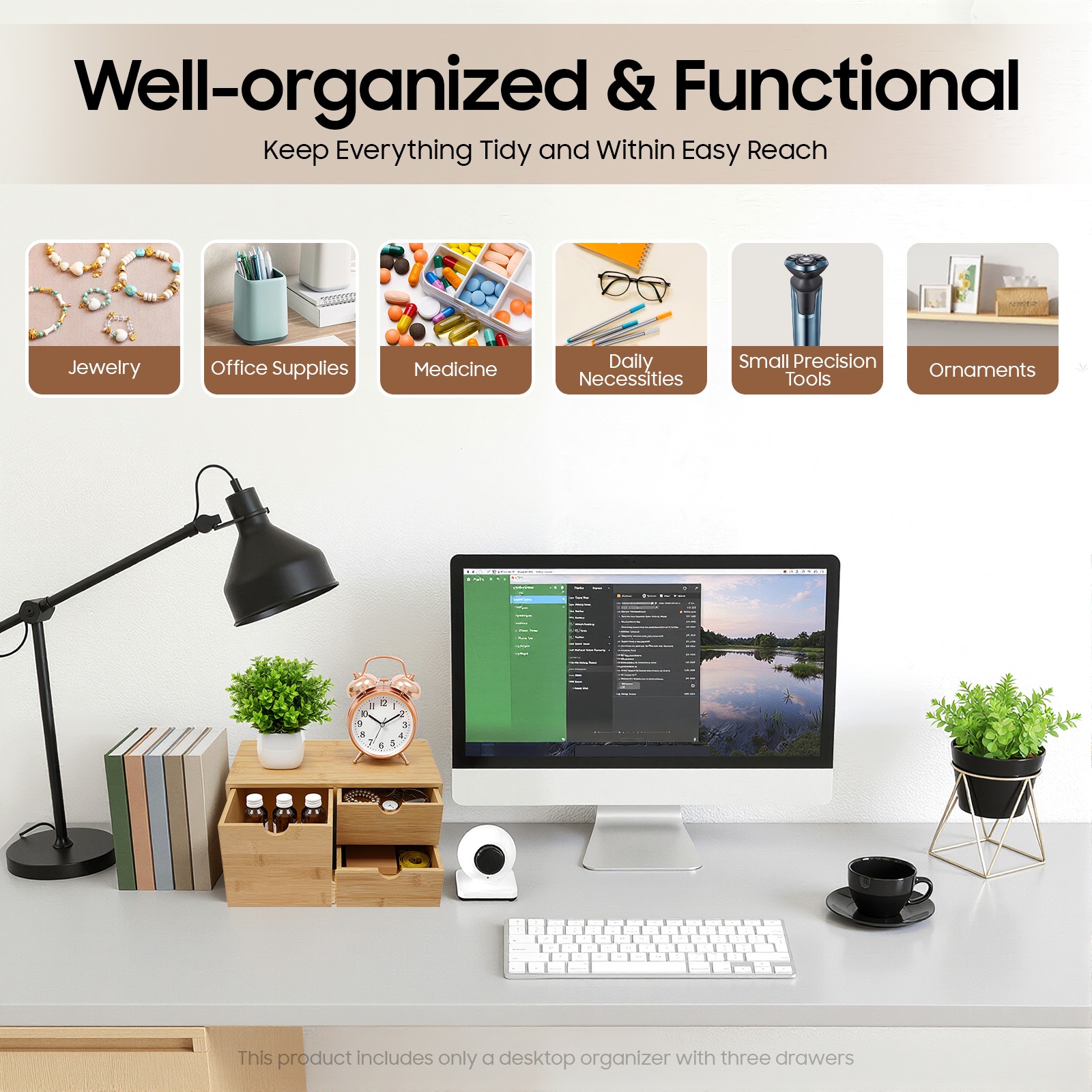 Bamboo Desk Organizer Drawer Tabletop Storage Organization Box Home