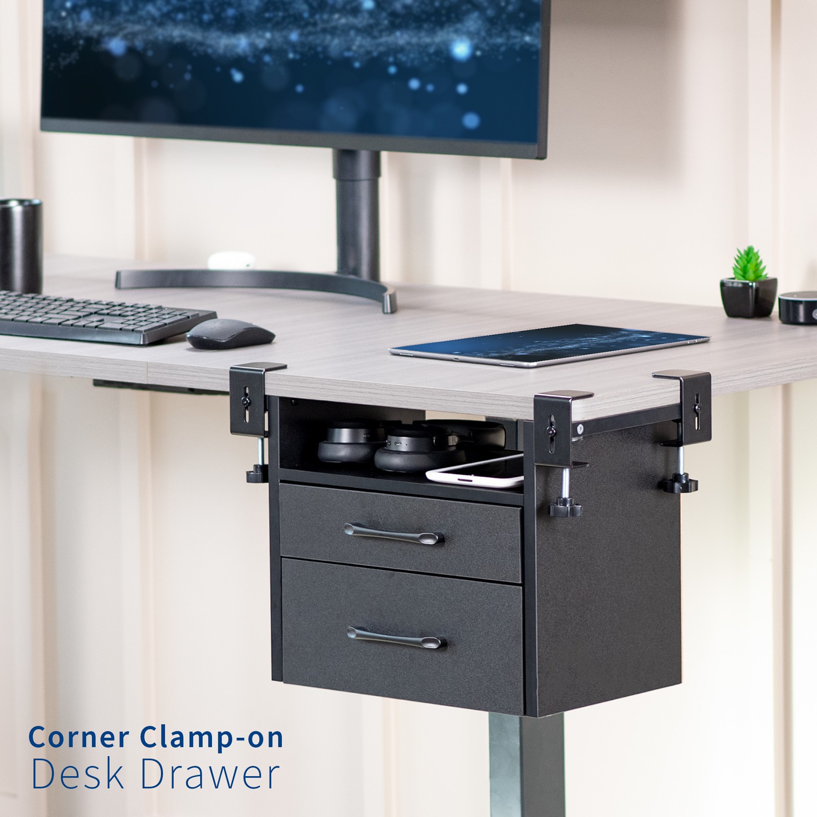 VIVO Black Corner Clamp-on Desk Drawer & Shelf System