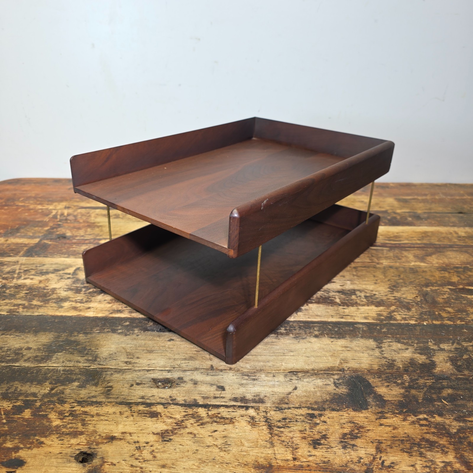 Vintage Carver Wood Products Desk Letter Tray 2 Tier Cherry Oak MCM Damage USA
