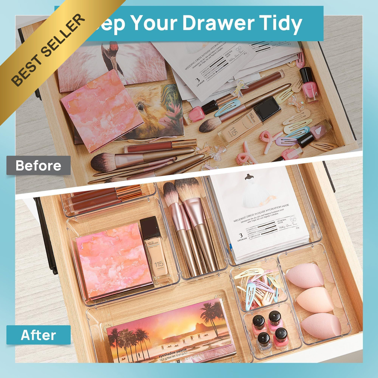 Vtopmart 44pc Clear Drawer Organizer Set 4 Size Plastic Vanity Makeup Storage
