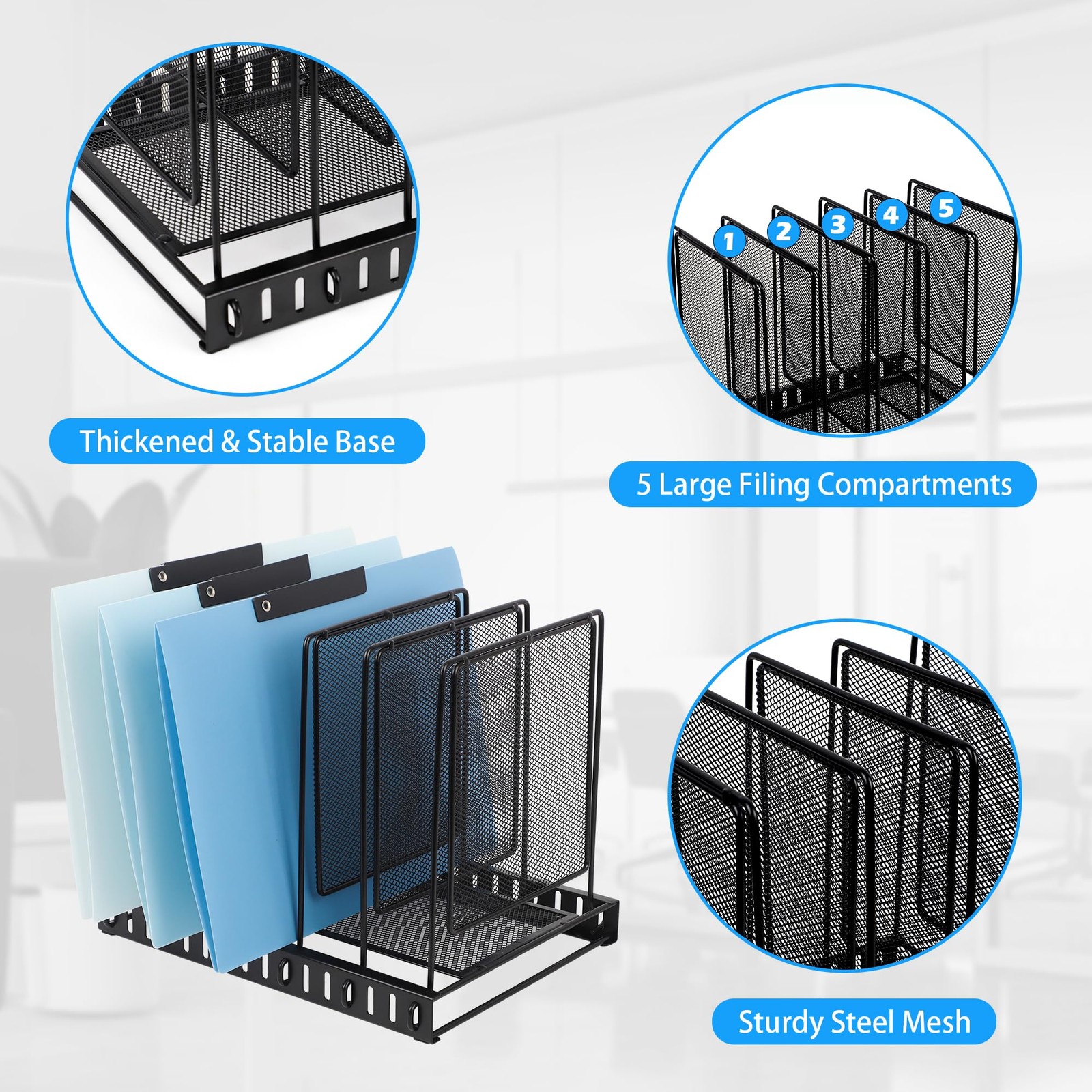 EASEPRES 5 Section Vertical Metal Mesh Desk File Organizer, Spacing Adjustable U