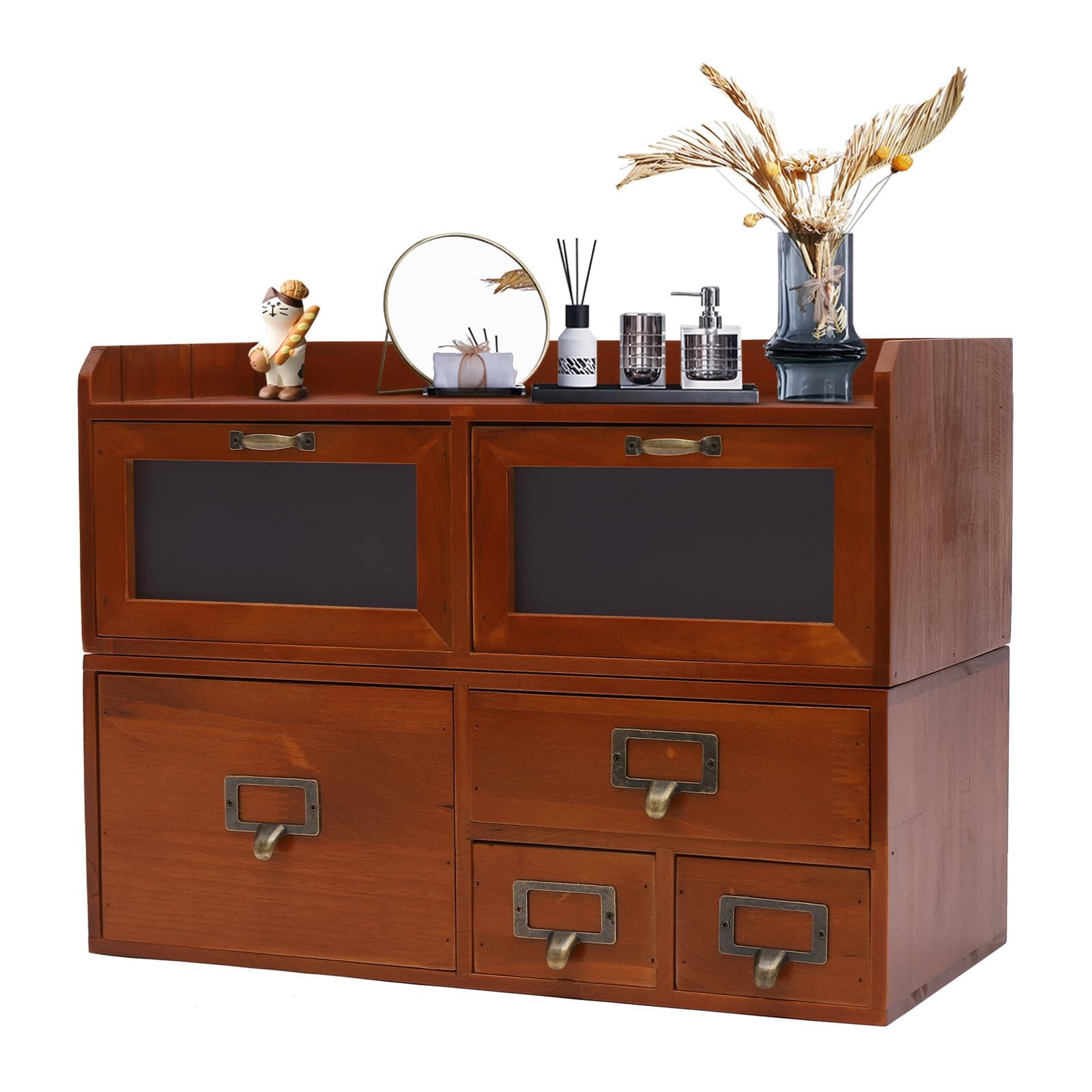 6-Drawer Pine Desk Organizer Acrylic Door & Top Shelf Office Bedroom Dorm