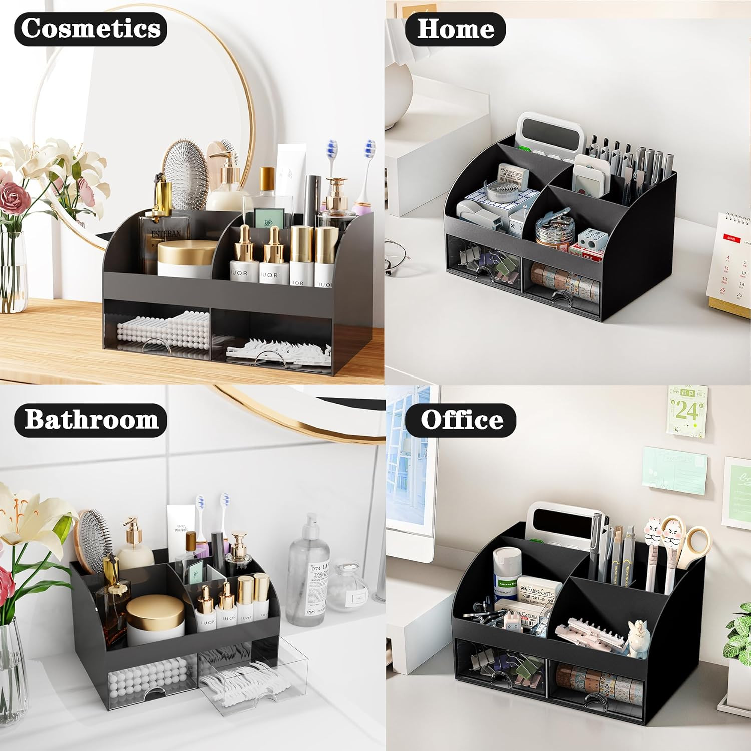 Black Desk Organizer Set with Pen Holder and Essential Office Supplies