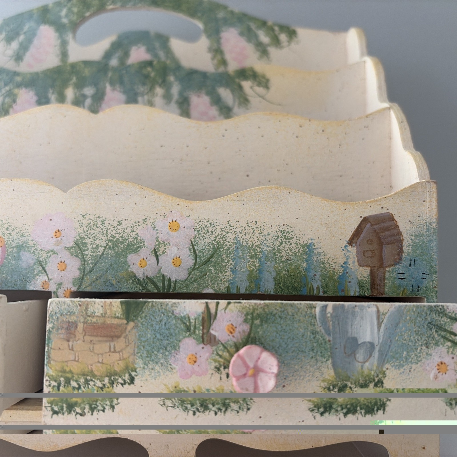 Cottage core Handpainted garden floral Wood Desk Caddy 10 X 5.25 x 8.5″