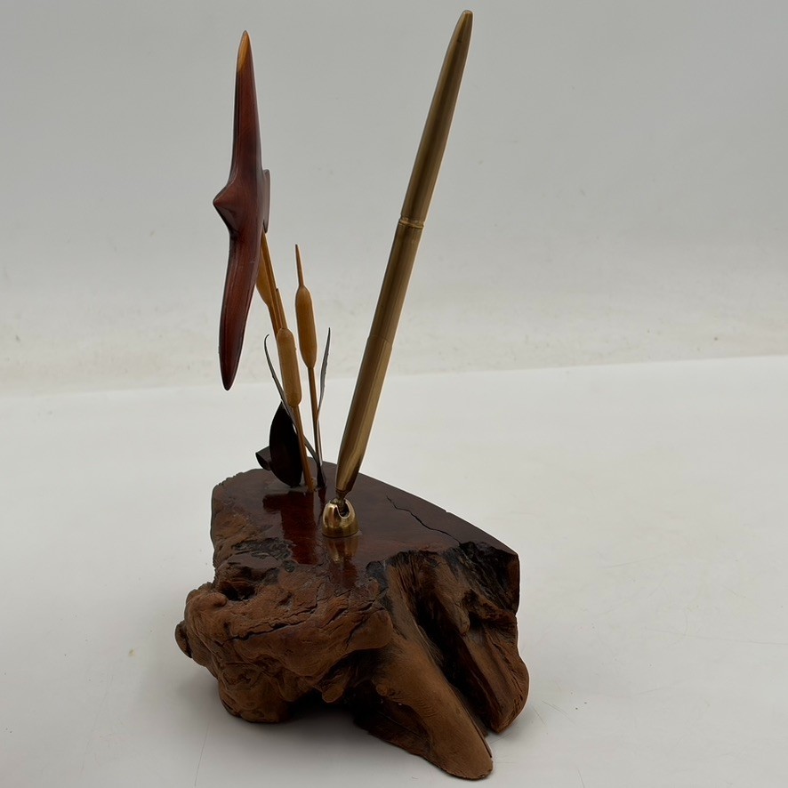 VTG Burl Wood Cattail Bird Desk Organizer Box Brass Pen Holder Mid Century MCM