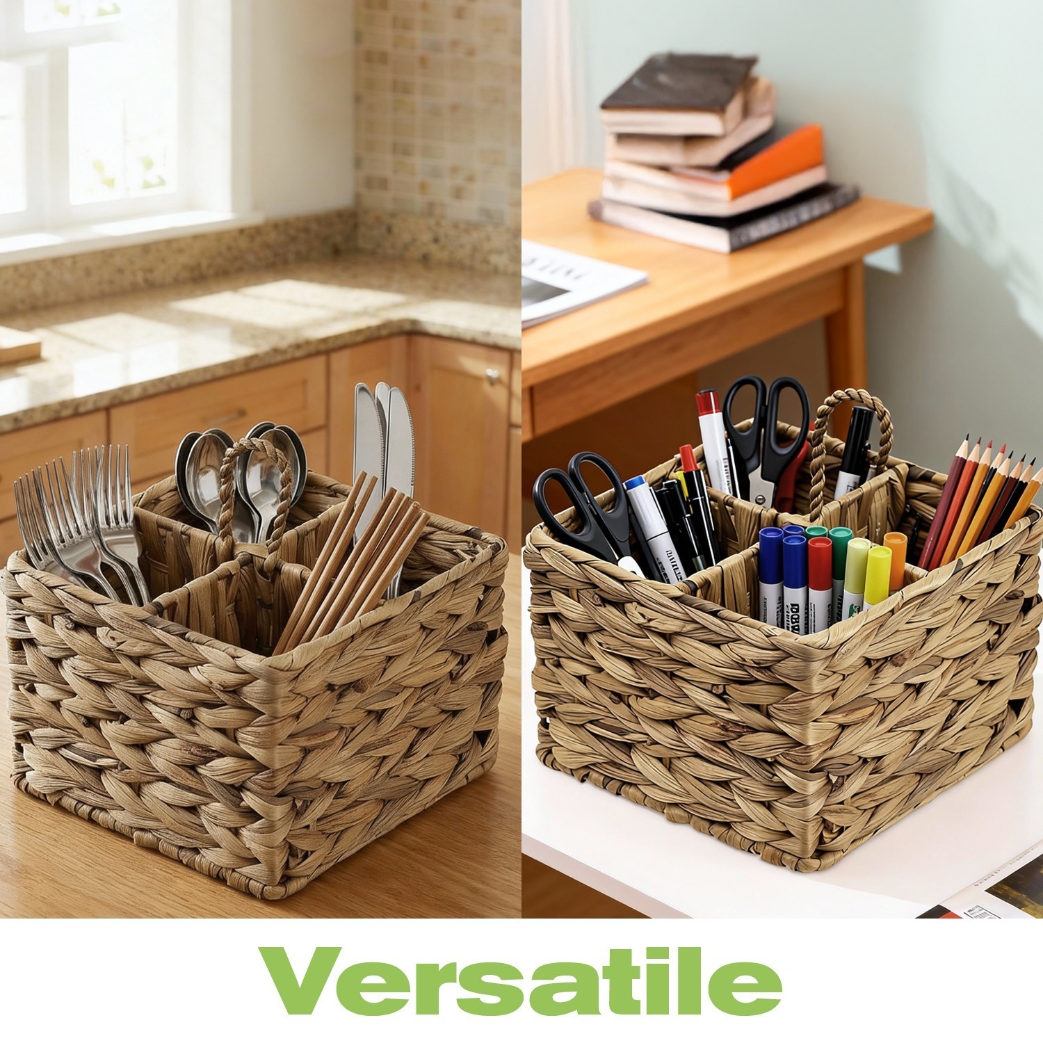Garnen Pen Holder for Desk 4 Slots Wicker Basket Desk Pen Holder Organizer