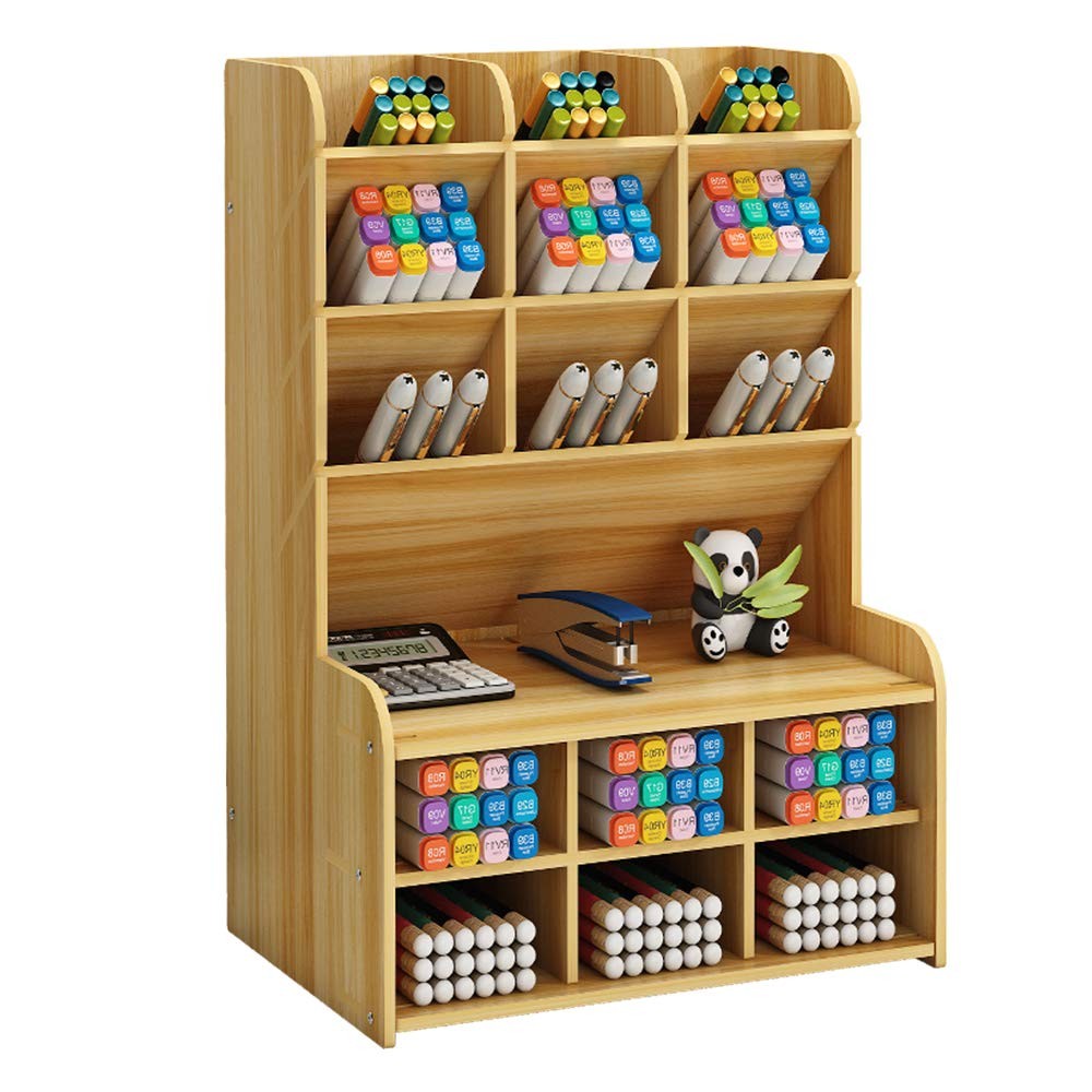 Wooden Desk Organizer, Large Capacity DIY Pen Holder Storage Box Desktop Stat
