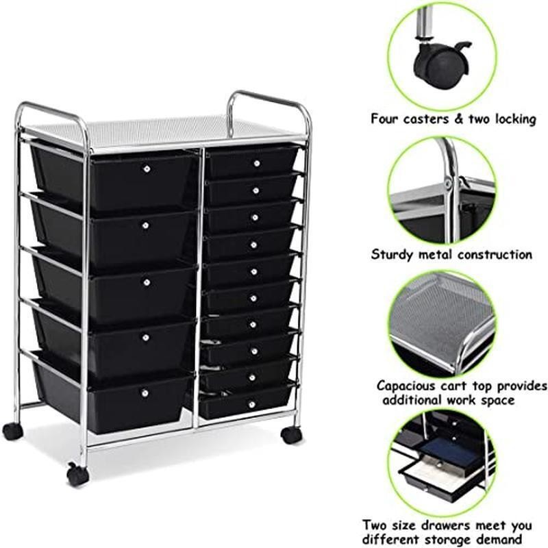 15 Drawer Rolling Storage Mobile Utility Cart W/ Lockable Wheels Durable Indoor