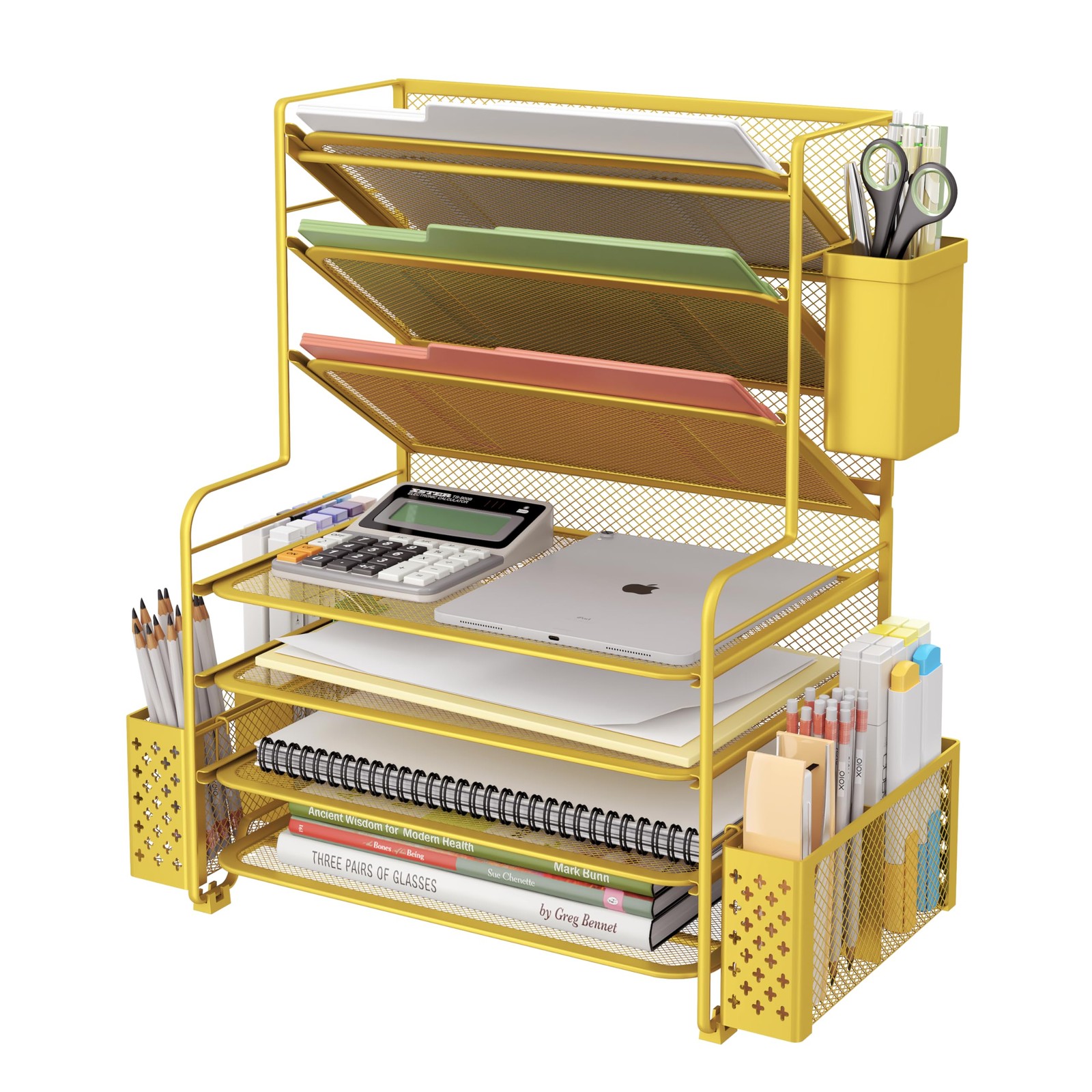 7 Tier Desk File Organizer, Gold Metal Mesh, 16.75″W x 8.75″D x 16.75″H – Space