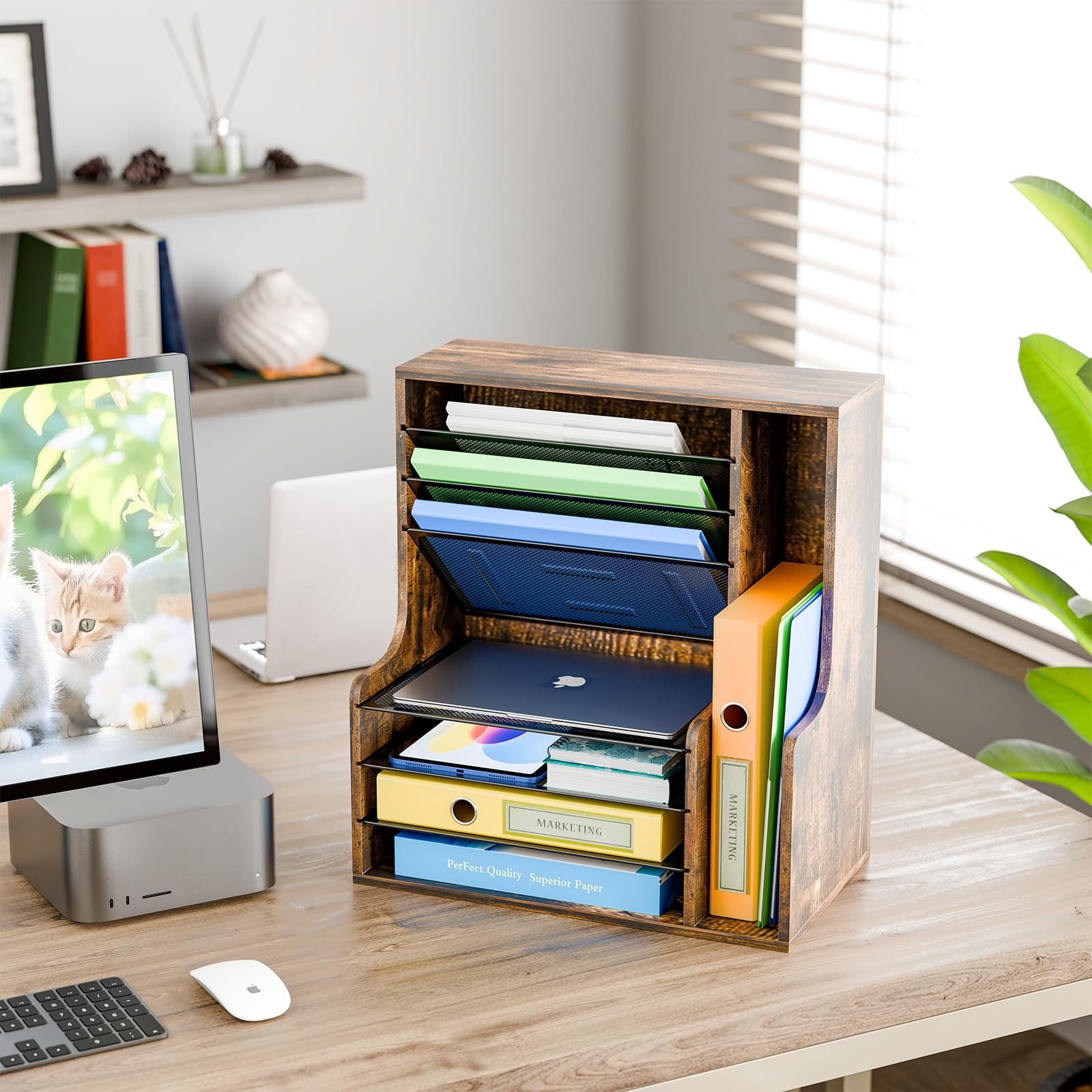 Simple Trending 7 Tier Desk File Organizer, Wooden 16″ x 9″ x 17″, Brown