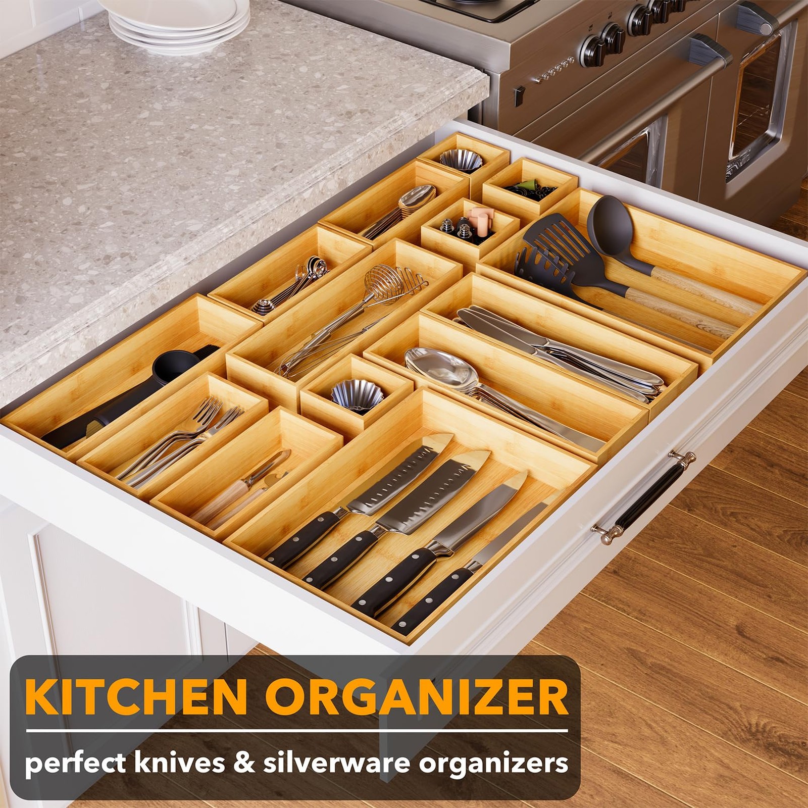 SpaceAid 14-Piece Bamboo Drawer Organizer Storage Boxes 14-Piece, Natural