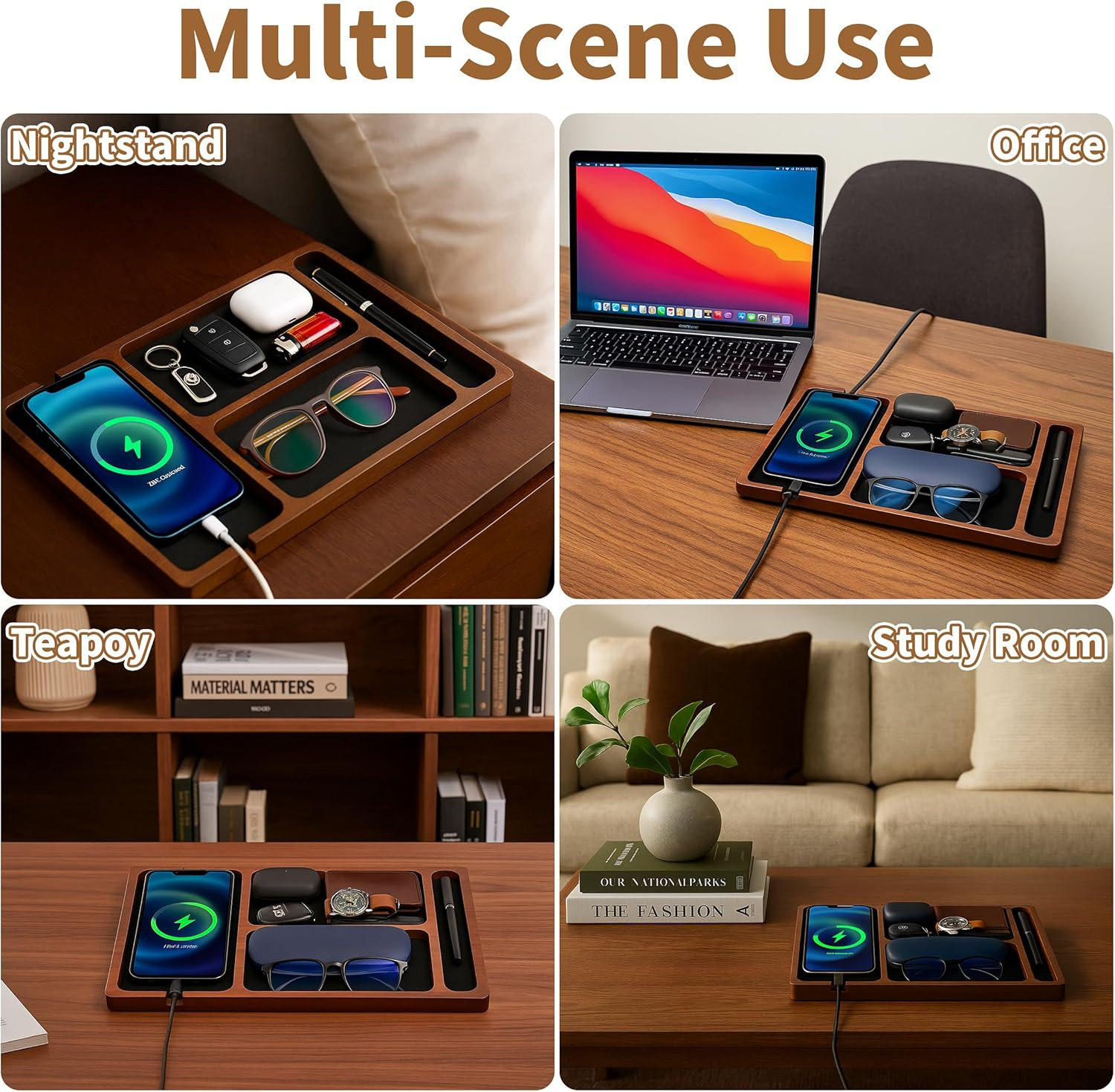 Valet Tray, Multi-Space Acacia Wood Leather Surface Desk Organizer Tray with Cha