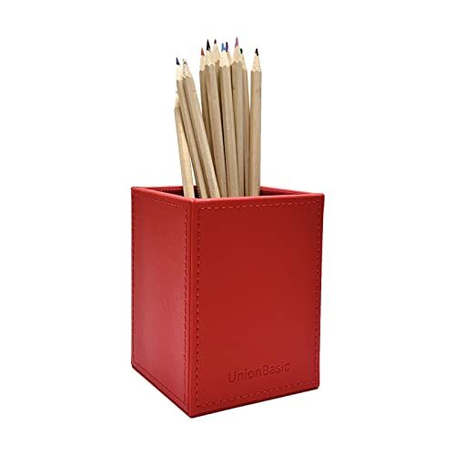 Square Pen Holder, Leather Pencil Cup, Desktop Caddy Stationery Organizer Red